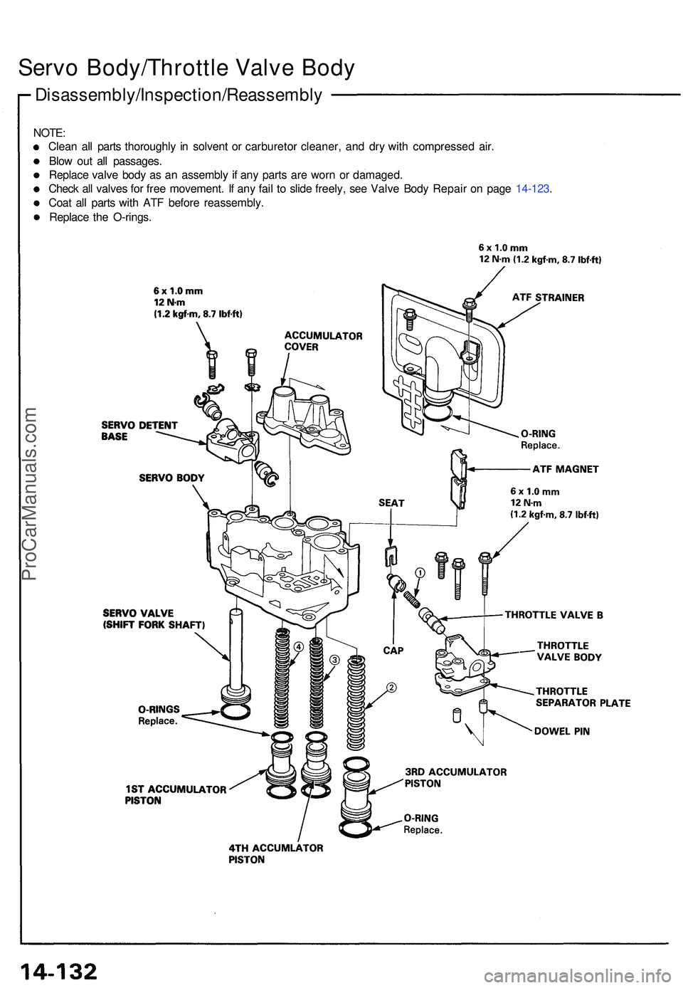 ACURA NSX 1997  Service Repair Manual Disassembly/Inspection/Reassembly
Servo Body/Throttl e Valv e Bod y
NOTE :
Clea n al l part s thoroughl y i n  solven t o r carbureto r cleaner , an d dr y wit h compresse d air .
Blo w ou t al l pass