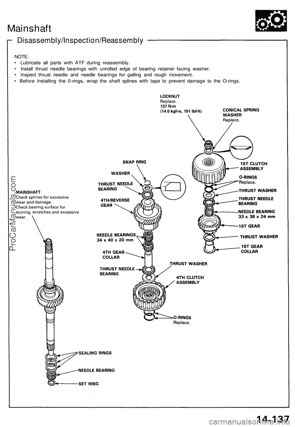 ACURA NSX 1997  Service Repair Manual Mainshaft
Disassembly/Inspection/Reassembl y
NOTE:
• Lubricat e al l part s wit h AT F durin g reassembly .
•  Instal l thrus t needl e bearing s wit h unrolle d edg e o f bearin g retaine r facin