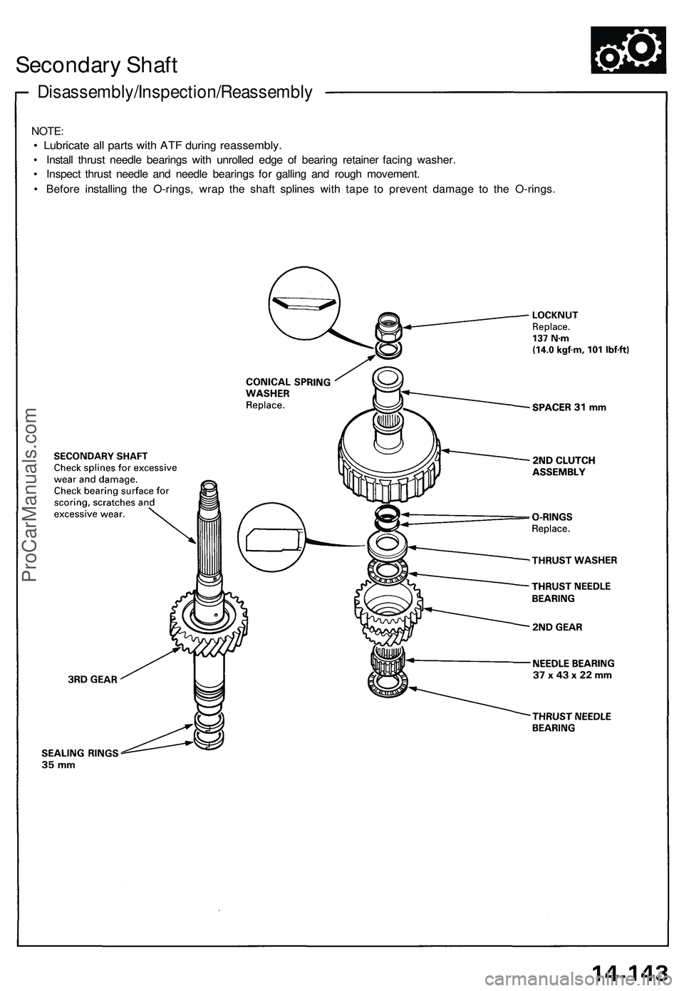 ACURA NSX 1997  Service Repair Manual 
Disassembly/Inspection/Reassembly
Secondary Shaft

NOTE:

• Lubricate all parts with ATF during reassembly.

• Install thrust needle bearings with unrolled edge of bearing retainer facing washer.