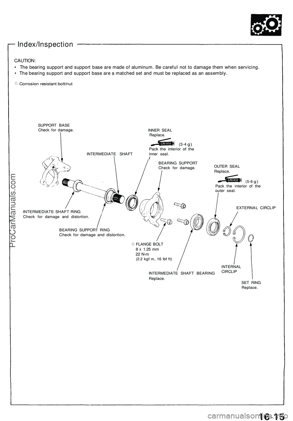 ACURA NSX 1997 Service Repair Manual Index/Inspection
CAUTION:
• Th e bearin g suppor t an d suppor t bas e ar e mad e o f aluminum . B e carefu l no t t o damag e the m whe n servicing .
• Th e bearin g suppor t an d suppor t bas ACURA NSX 1997 Service Repair Manual Index/Inspection
CAUTION:
• Th e bearin g suppor t an d suppor t bas e ar e mad e o f aluminum . B e carefu l no t t o damag e the m whe n servicing .
• Th e bearin g suppor t an d suppor t bas