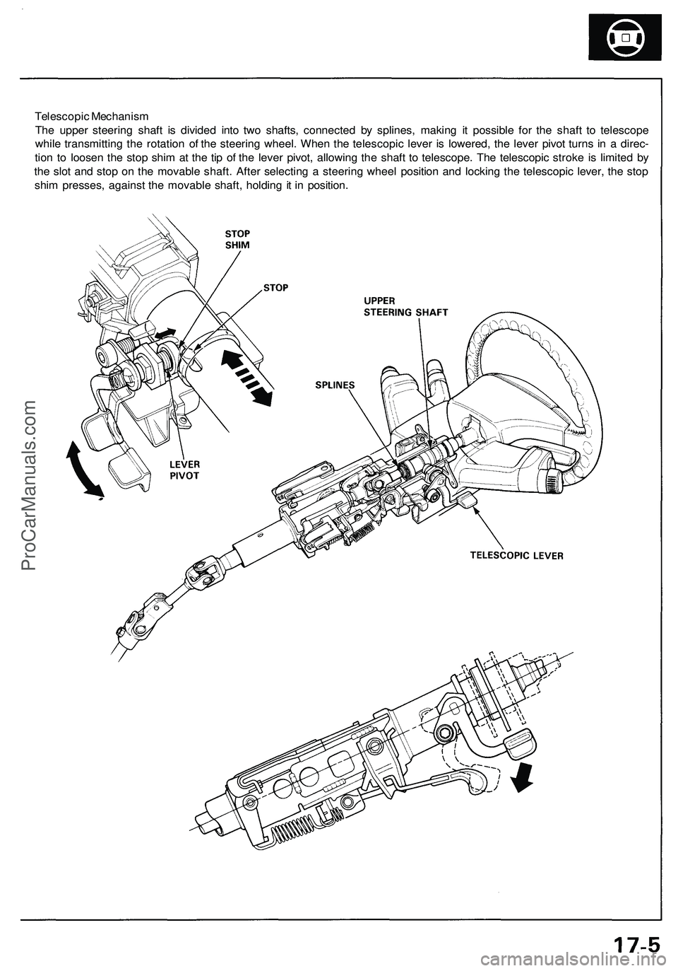 ACURA NSX 1997 Service Repair Manual
Telescopic Mechanism
The upper steering shaft is divided into two shafts, connected by splines, making it possible for the shaft to telescope
while transmitting the rotation of the steering wheel. ACURA NSX 1997 Service Repair Manual
Telescopic Mechanism
The upper steering shaft is divided into two shafts, connected by splines, making it possible for the shaft to telescope
while transmitting the rotation of the steering wheel.