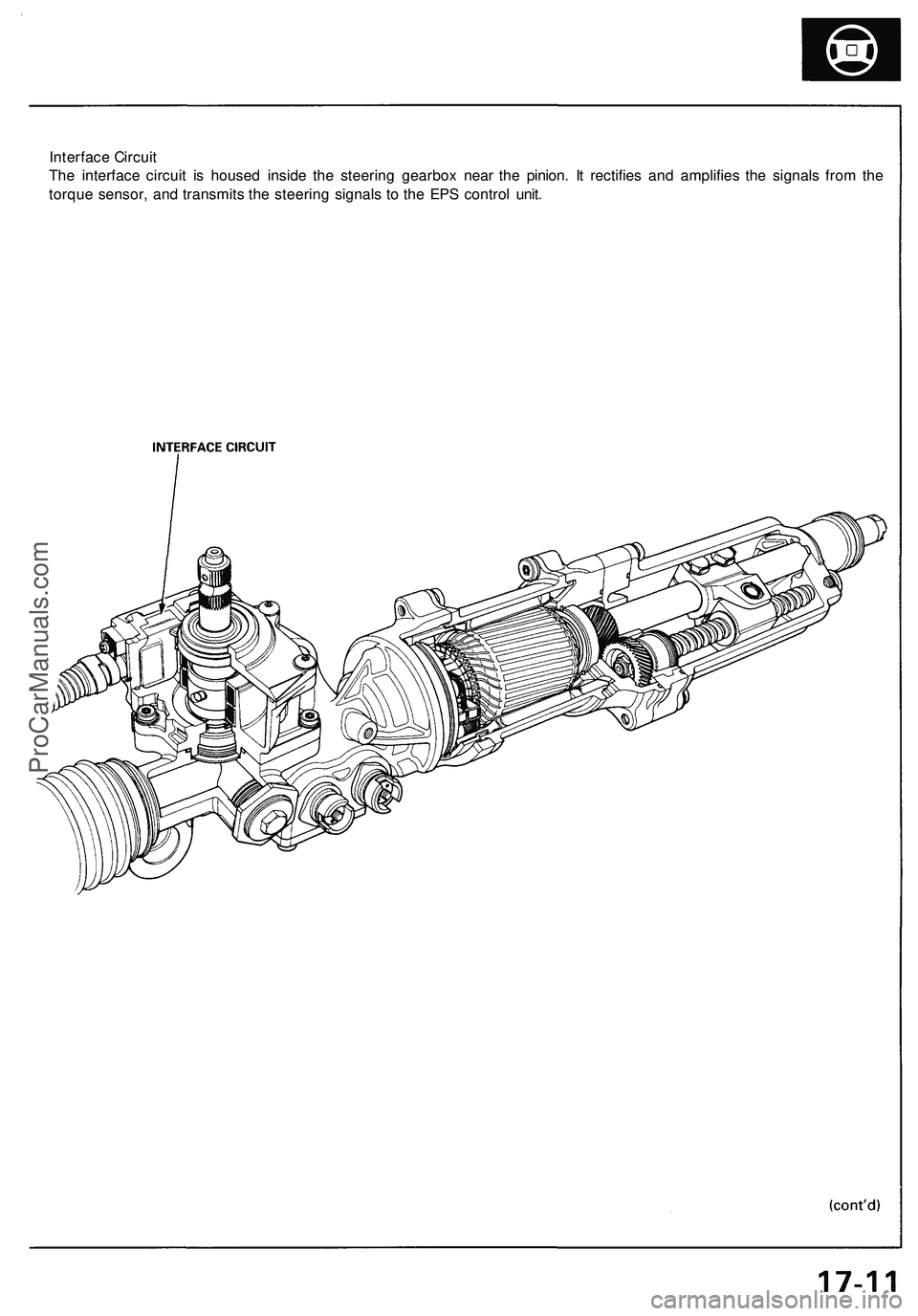 ACURA NSX 1997 Service Workshop Manual
Interface Circuit
The interface circuit is housed inside the steering gearbox near the pinion. It rectifies and amplifies the signals from the
torque sensor, and transmits the steering signals to t ACURA NSX 1997 Service Workshop Manual
Interface Circuit
The interface circuit is housed inside the steering gearbox near the pinion. It rectifies and amplifies the signals from the
torque sensor, and transmits the steering signals to t