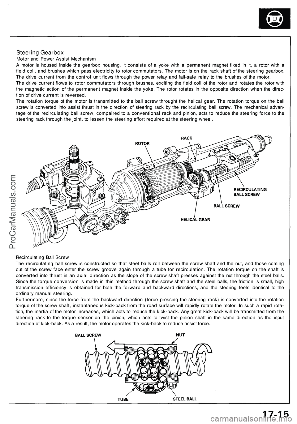ACURA NSX 1997 Service Manual PDF
Steering Gearbox
Motor and Power Assist Mechanism
A motor is housed inside the gearbox housing. It consists of a yoke with a permanent magnet fixed in it, a rotor with a
field coil, and brushes wh ACURA NSX 1997 Service Manual PDF
Steering Gearbox
Motor and Power Assist Mechanism
A motor is housed inside the gearbox housing. It consists of a yoke with a permanent magnet fixed in it, a rotor with a
field coil, and brushes wh