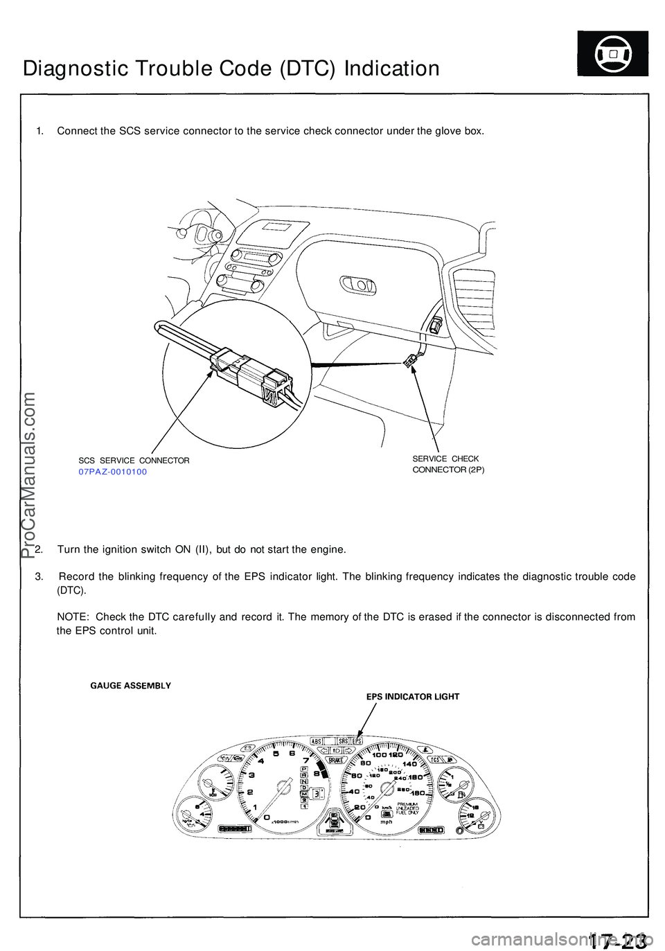 ACURA NSX 1997  Service Repair Manual Diagnostic Troubl e Cod e (DTC ) Indicatio n
1. Connec t th e SC S servic e connecto r t o th e servic e chec k connecto r unde r th e glov e box .
2 . Tur n th e ignitio n switc h O N (II) , bu t d o