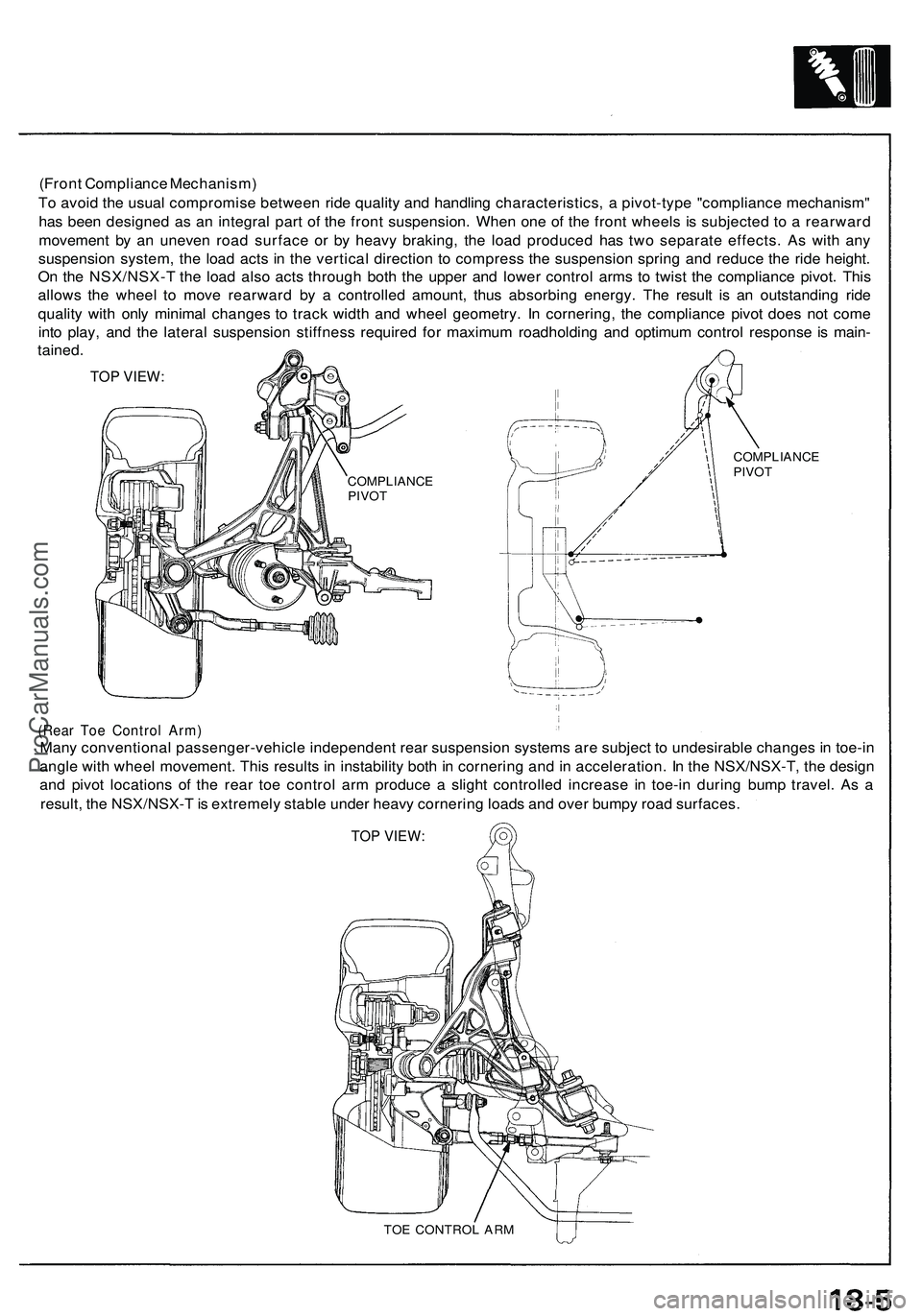 ACURA NSX 1997  Service Repair Manual 
(Front Compliance Mechanism)

To avoid the usual compromise between ride quality and handling characteristics, a pivot-type "compliance mechanism"

has been designed as an integral part of th