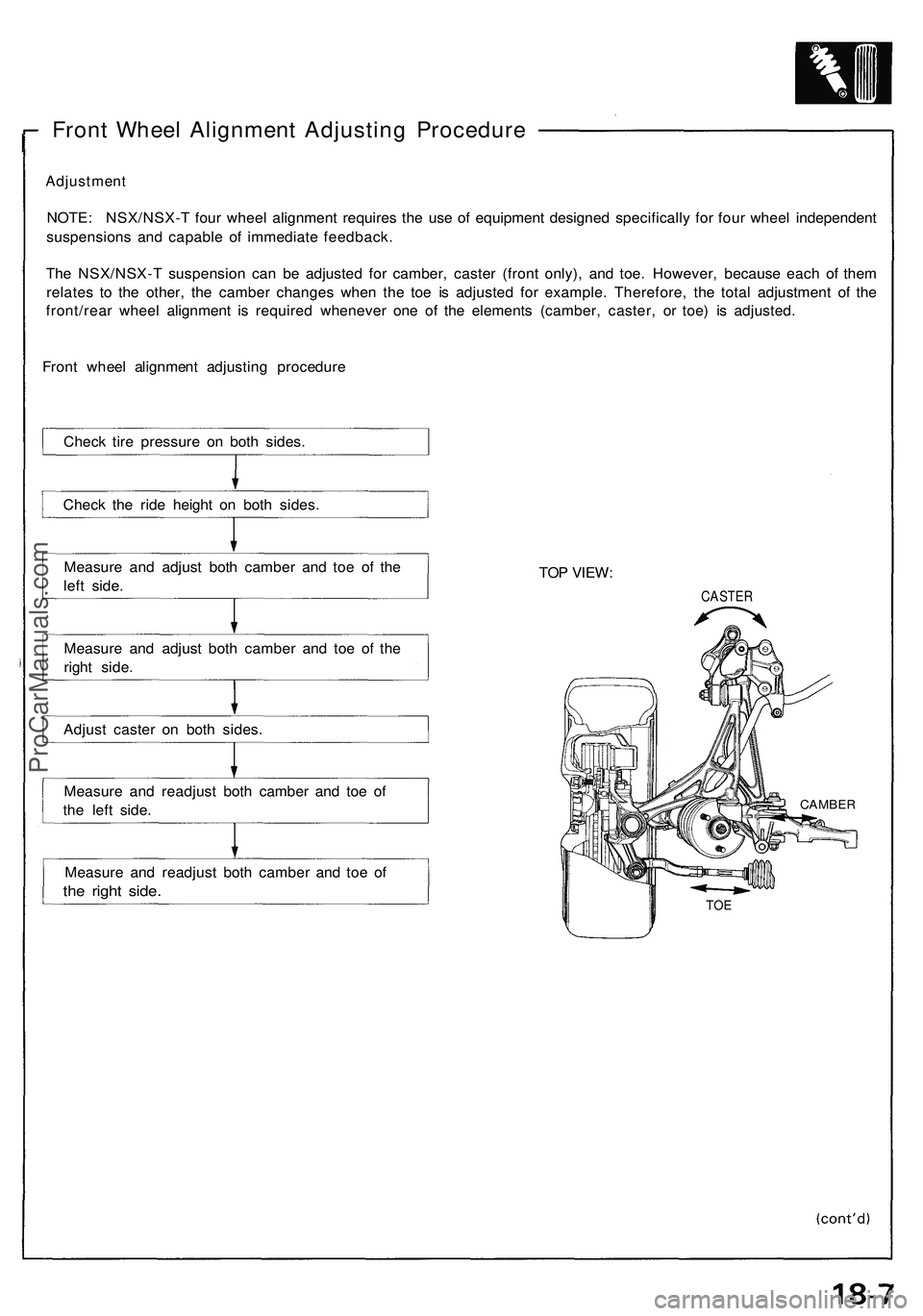 ACURA NSX 1997  Service Repair Manual 
Front Wheel Alignment Adjusting Procedure

Adjustment

NOTE: NSX/NSX-T four wheel alignment requires the use of equipment designed specifically for four wheel independent

suspensions and capable of 