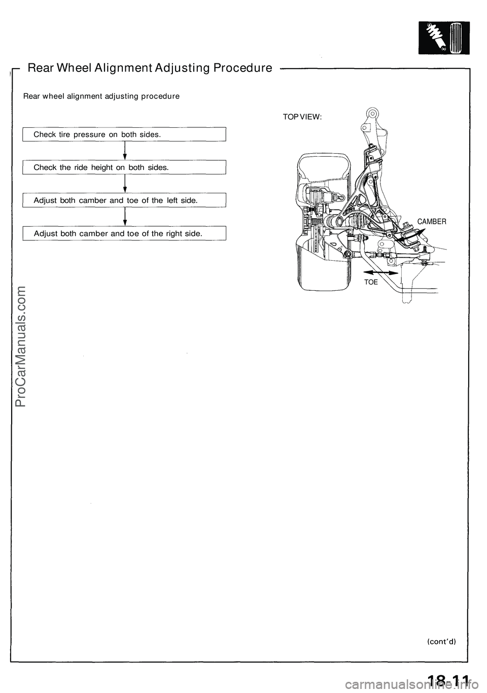 ACURA NSX 1997  Service Repair Manual 
Rear Wheel Alignment Adjusting Procedure

Rear wheel alignment adjusting procedure

Check tire pressure on both sides.

Check the ride height on both sides.

Adjust both camber and toe of the left si