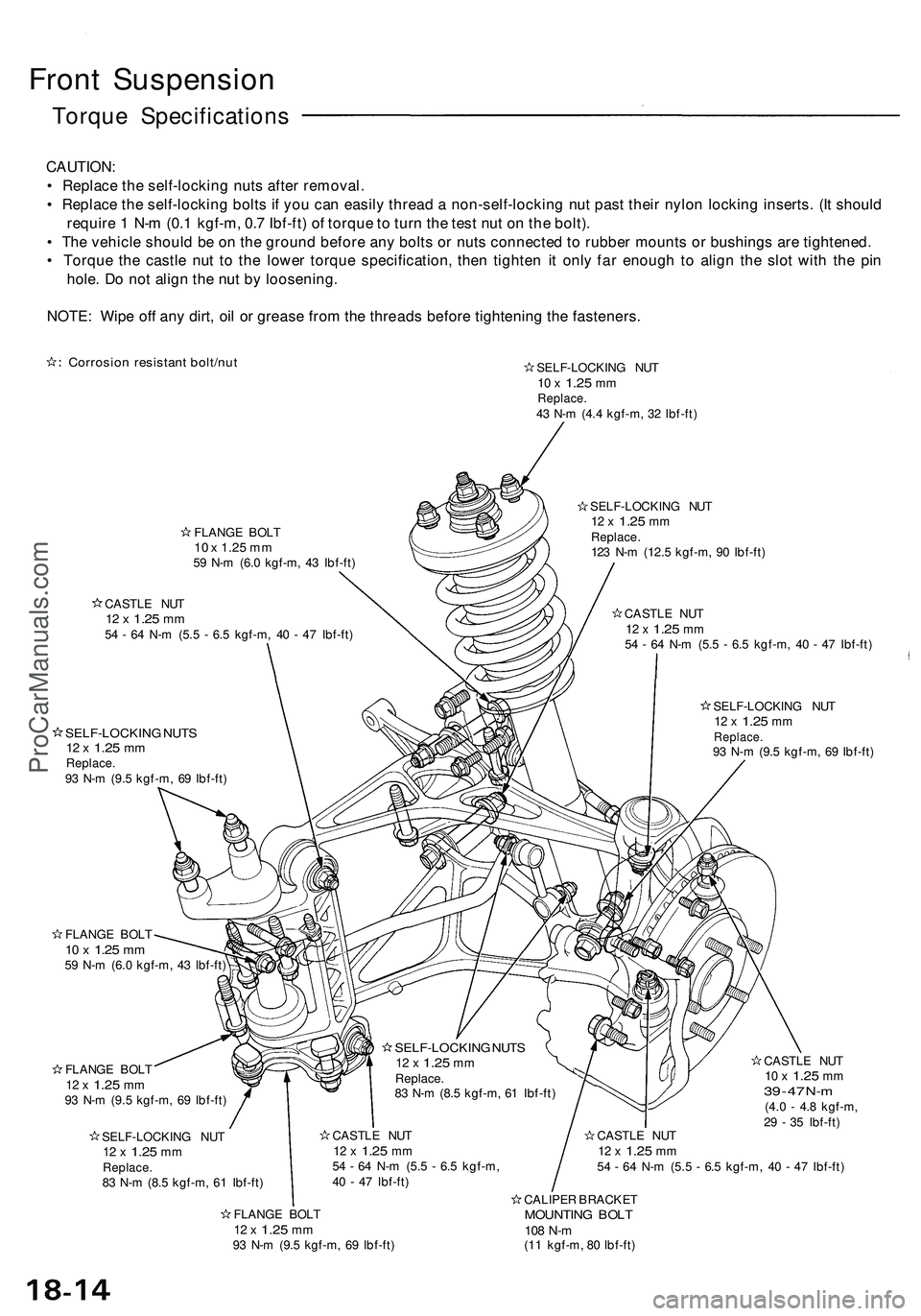 ACURA NSX 1997  Service Repair Manual Front Suspensio n
Torque Specification s
CAUTION:
•  Replac e th e self-lockin g nut s afte r removal .
•  Replac e th e self-lockin g bolt s if yo u ca n easil y threa d a  non-self-lockin g nu t