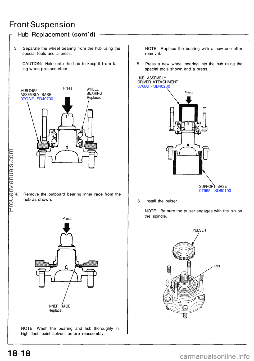 ACURA NSX 1997  Service Repair Manual Front Suspensio n
Hub Replacemen t
3. Separat e th e whee l bearin g fro m th e hu b usin g th e
specia l tool s an d a  press .
CAUTION : Hol d ont o th e hu b t o kee p i t fro m fall -
in g whe n p