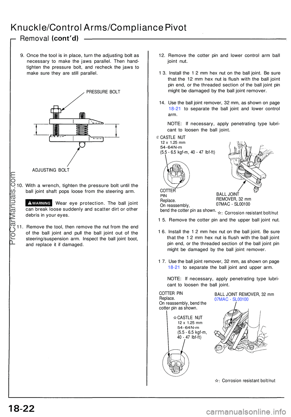 ACURA NSX 1997  Service Repair Manual Knuckle/Control Arms/Complianc e Pivo t
Remova l
9. Onc e th e too l i s i n  place , tur n th e adjustin g bol t a s
necessar y t o mak e th e jaw s parallel . The n hand -
tighte n th e pressur e bo