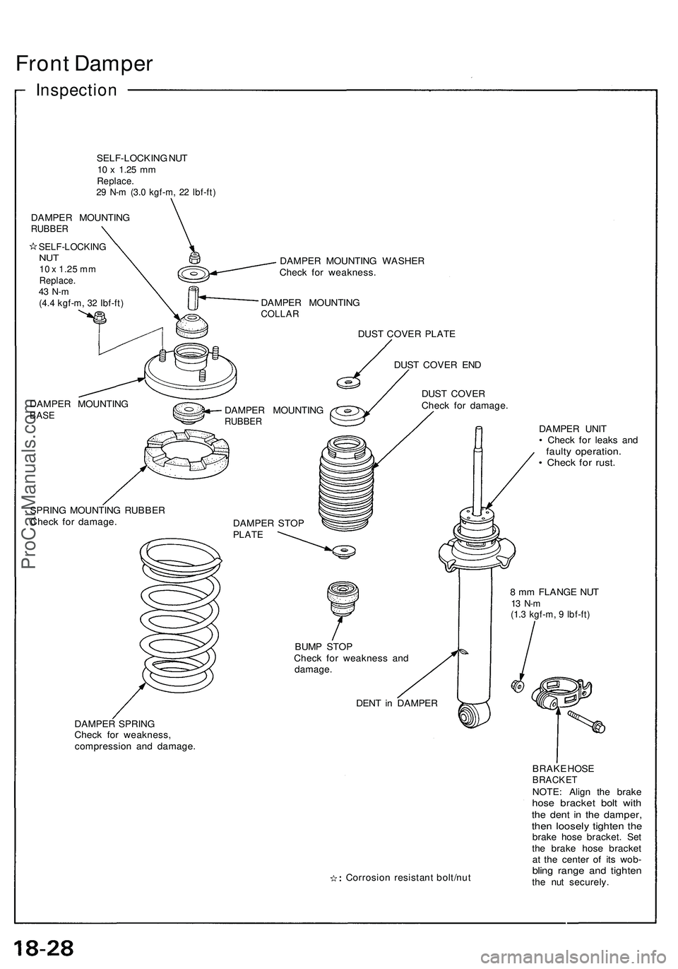 ACURA NSX 1997  Service Repair Manual Front Dampe r
Inspectio n
SELF-LOCKIN G NU T10  x 1.2 5 mmReplace .29  N- m (3. 0 kgf-m , 2 2 Ibf-ft )
DAMPE R MOUNTIN GRUBBER
SELF-LOCKIN GNUT10  x  1.25   mmReplace .43  N- m(4.4 kgf-m , 3 2 Ibf-ft 