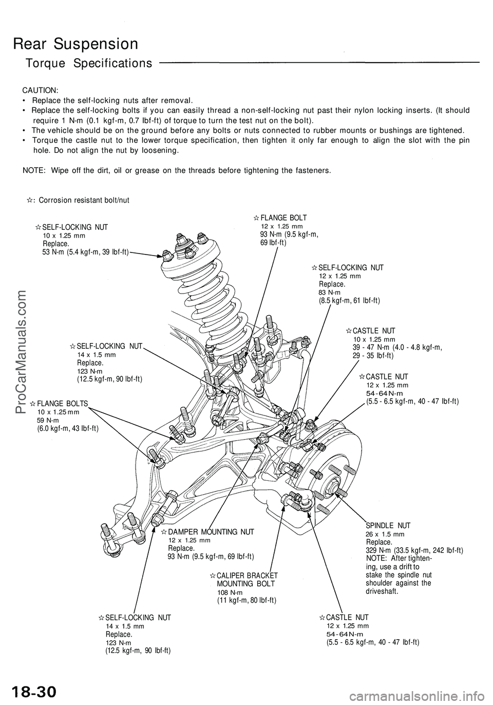 ACURA NSX 1997  Service Repair Manual Rear Suspensio n
Torque Specification s
CAUTION:
•  Replac e th e self-lockin g nut s afte r removal .
•  Replac e th e self-lockin g bolt s i f yo u can  easil y threa d a  non-self-lockin g nu t
