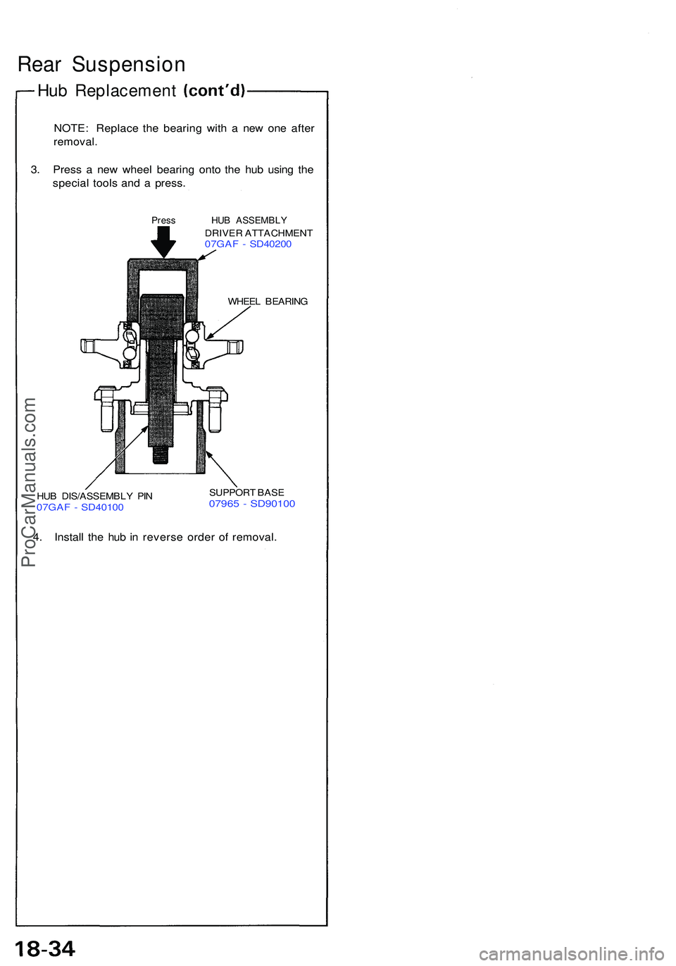 ACURA NSX 1997  Service Repair Manual Rear Suspensio n
Hub Replacemen t
NOTE: Replac e th e bearin g wit h a  ne w on e afte r
removal .
3. Pres s a  ne w whee l bearin g ont o th e hu b usin g th e
specia l tool s an d a  press .
Press H