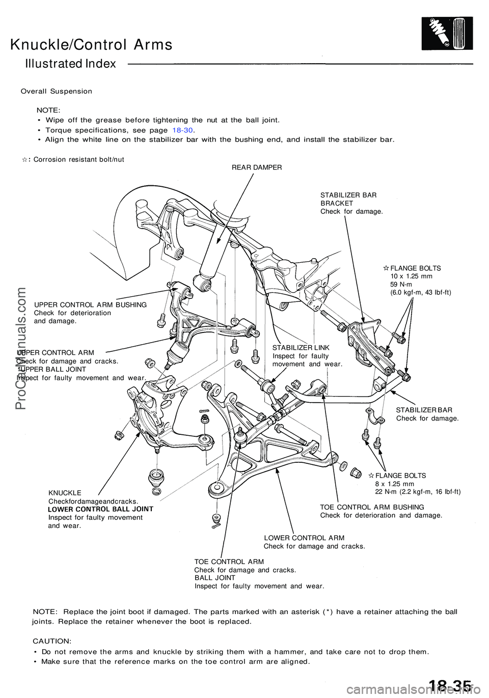 ACURA NSX 1997  Service Repair Manual Knuckle/Control Arm s
Illustrate d Inde x
Overal l Suspensio n
NOTE:
• Wip e of f th e greas e befor e tightenin g th e nu t a t th e bal l joint .
• Torqu e specifications , se e pag e 18-30 .
