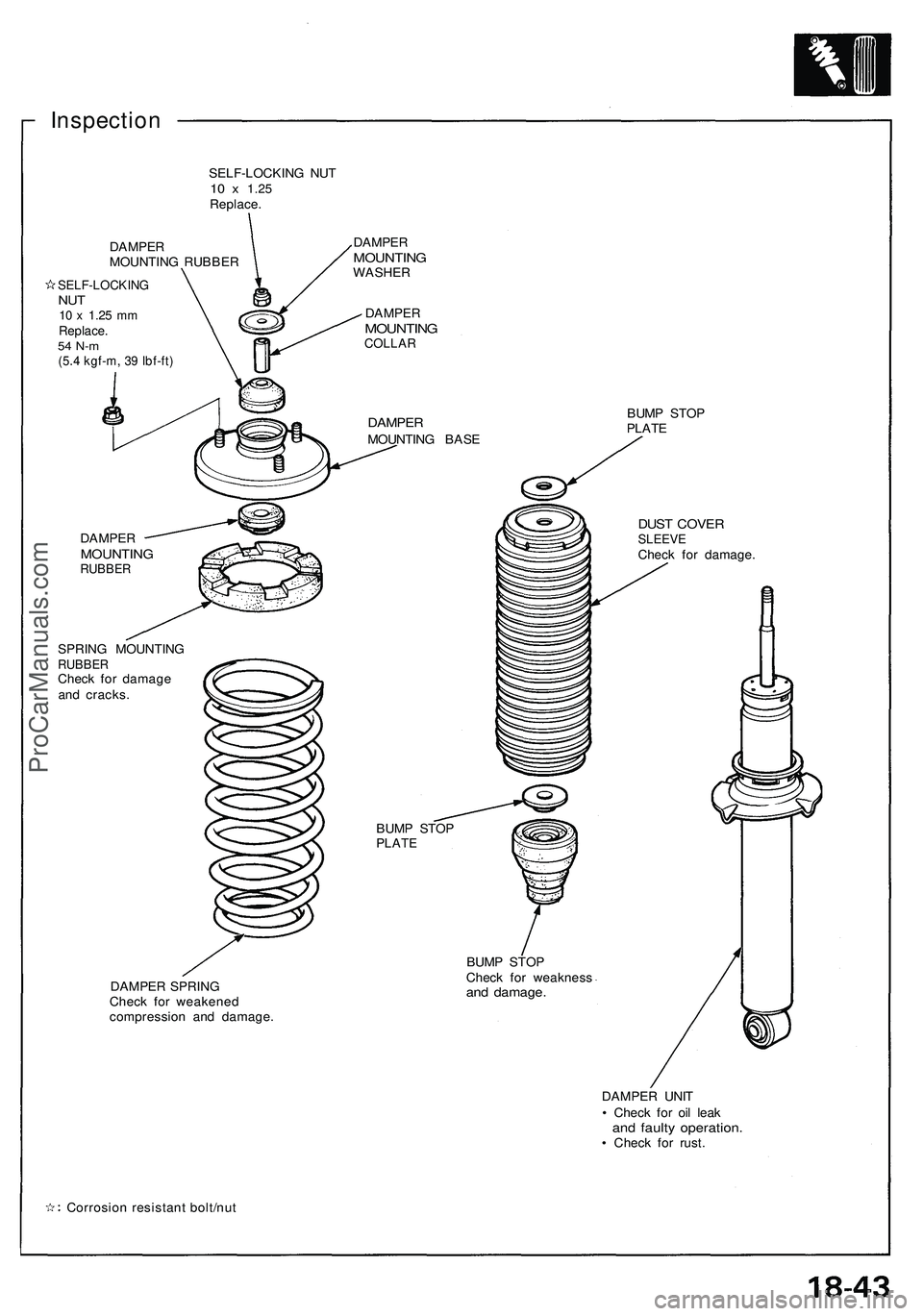 ACURA NSX 1997  Service Repair Manual 
Inspection

SELF-LOCKING NUT

10 x
 1.25

Replace.

DAMPER

MOUNTING RUBBER

SELF-LOCKING

NUT

10 x
 1.25
 mm

Replace.

54 N-m

(5.4 kgf-m, 39 Ibf-ft) 
DAMPER

MOUNTING

WASHER

DAMPER

MOUNTING

C