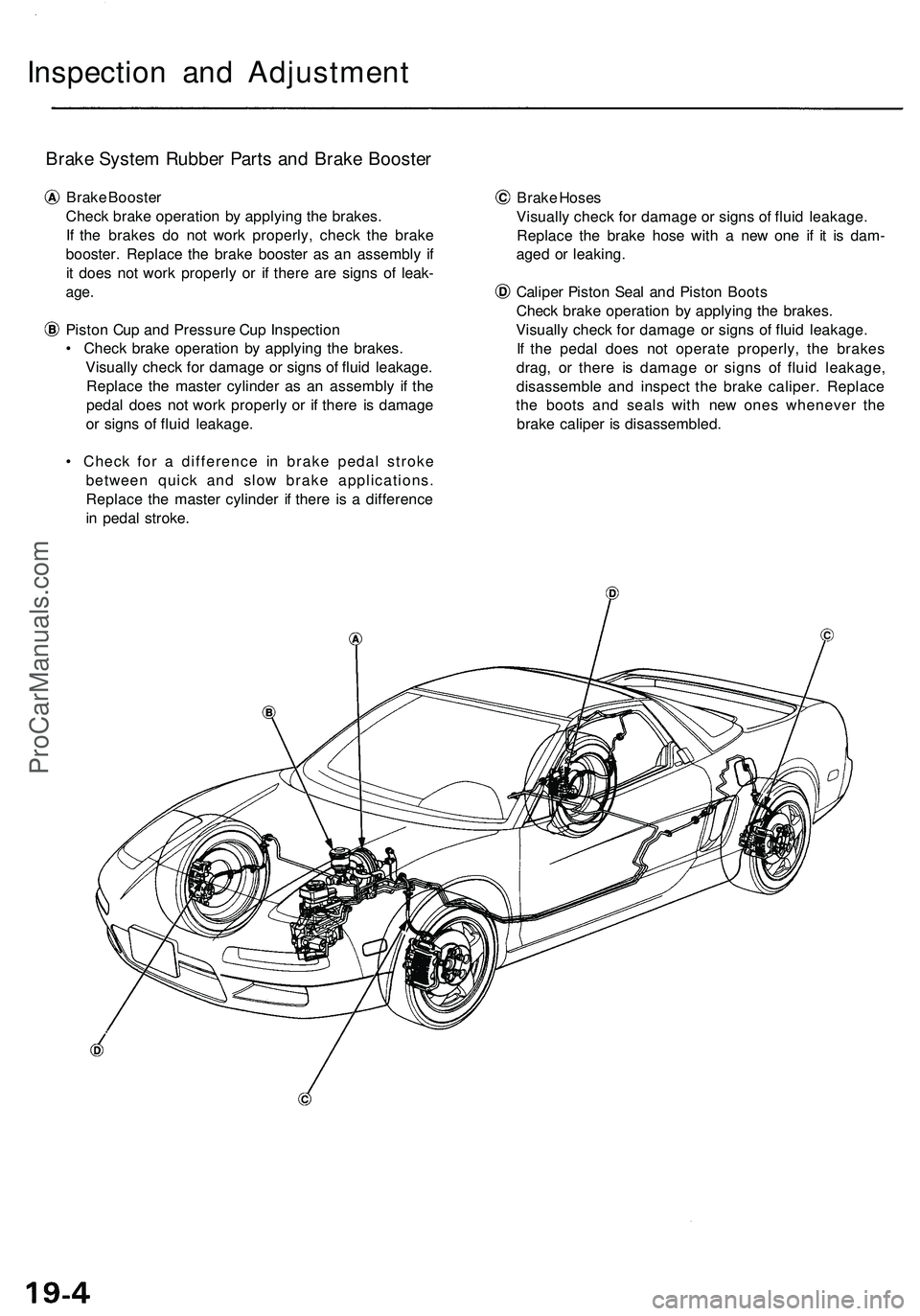 ACURA NSX 1997 Service Repair Manual
Inspection and Adjustment
Brake System Rubber Parts and Brake Booster
Brake Booster
Check brake operation by applying the brakes.
If the brakes do not work properly, check the brake
booster. Rep ACURA NSX 1997 Service Repair Manual
Inspection and Adjustment
Brake System Rubber Parts and Brake Booster
Brake Booster
Check brake operation by applying the brakes.
If the brakes do not work properly, check the brake
booster. Rep