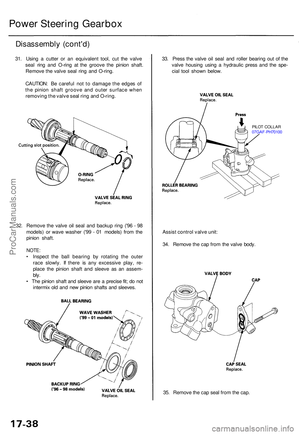 ACURA RL KA9 1996  Service Repair Manual Power Steerin g Gearbo x
Disassembl y (cont'd )
31. Usin g a  cutte r o r a n equivalen t tool , cu t th e valv e
sea l rin g an d O-rin g a t th e groov e th e pinio n shaft .
Remov e th e valv e