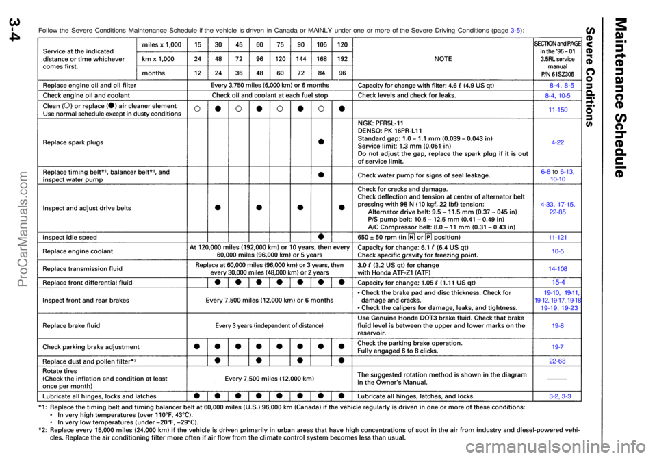 ACURA RL KA9 1996  Service Repair Manual Follow th e Sever e Condition s Maintenanc e Schedul e i f th e vehicl e is drive n i n Canad a o r MAINL Y unde r on e o r mor e o f th e Sever e Drivin g Condition s (pag e 3-5 ):
8-4,  8-5
8-4, 10-
