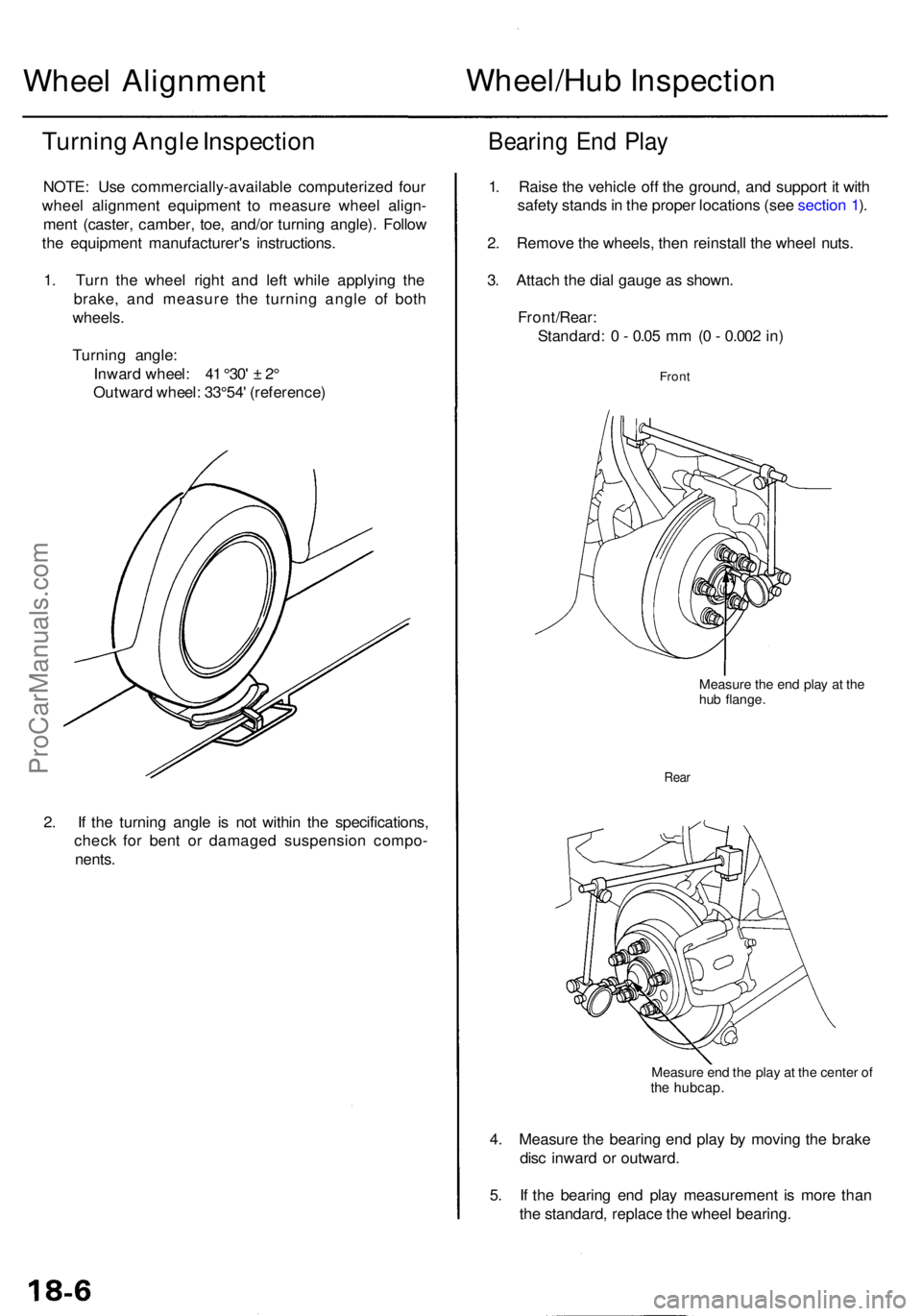 ACURA RL KA9 1996  Service Repair Manual Wheel Alignmen t  Wheel/Hu
b Inspectio n
Turning Angl e Inspectio n
NOTE:  Us e commercially-availabl e computerize d fou r
whee l alignmen t equipmen t t o measur e whee l align -
men t (caster , cam