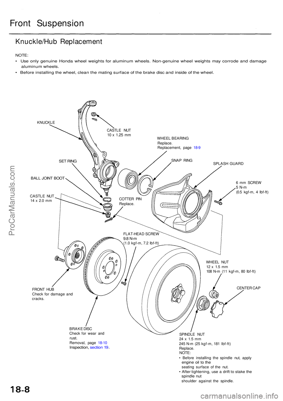 ACURA RL KA9 1996  Service Repair Manual Front Suspensio n
Knuckle/Hub Replacemen t
NOTE:
• Us e onl y genuin e Hond a whee l weight s fo r aluminu m wheels . Non-genuin e whee l weight s ma y corrod e an d damag e
aluminu m wheels .
•  