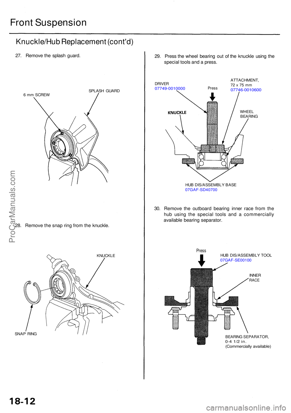 ACURA RL KA9 1996  Service Repair Manual Front Suspensio n
Knuckle/Hu b Replacemen t (cont'd )
27. Remov e th e splas h guard .
6 m m SCRE W SPLAS
H GUAR D
28. Remov e th e sna p rin g fro m th e knuckle .
KNUCKL E
SNAP RIN G
29. Pres s 