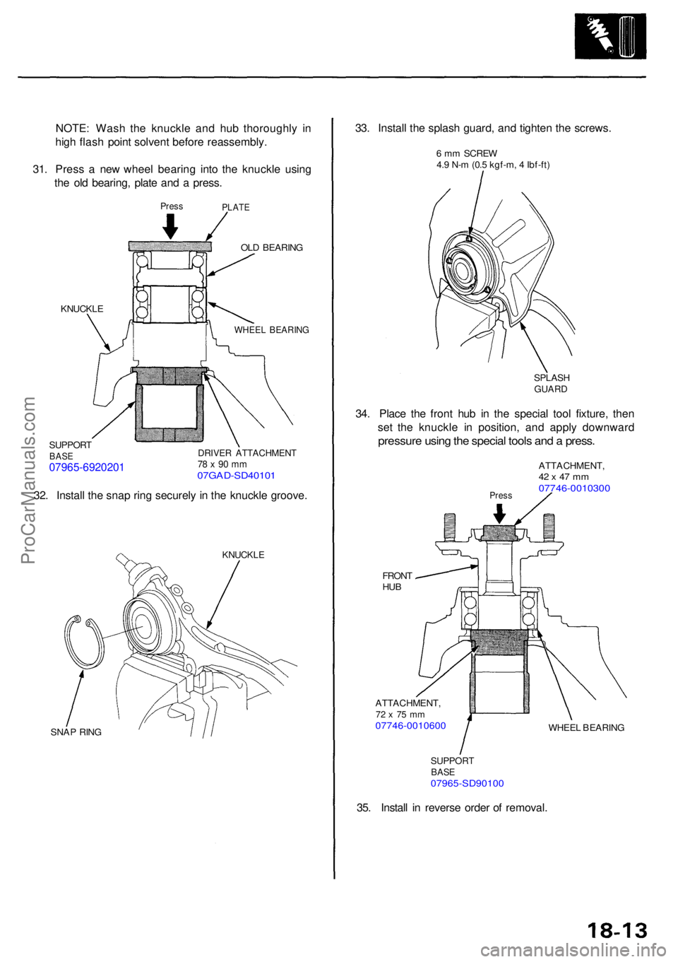 ACURA RL KA9 1996  Service Repair Manual NOTE: Was h th e knuckl e an d hu b thoroughl y i n
hig h flas h poin t solven t befor e reassembly .
31 . Pres s a  ne w whee l bearin g int o th e knuckl e usin g
th e ol d bearing , plat e an d a  