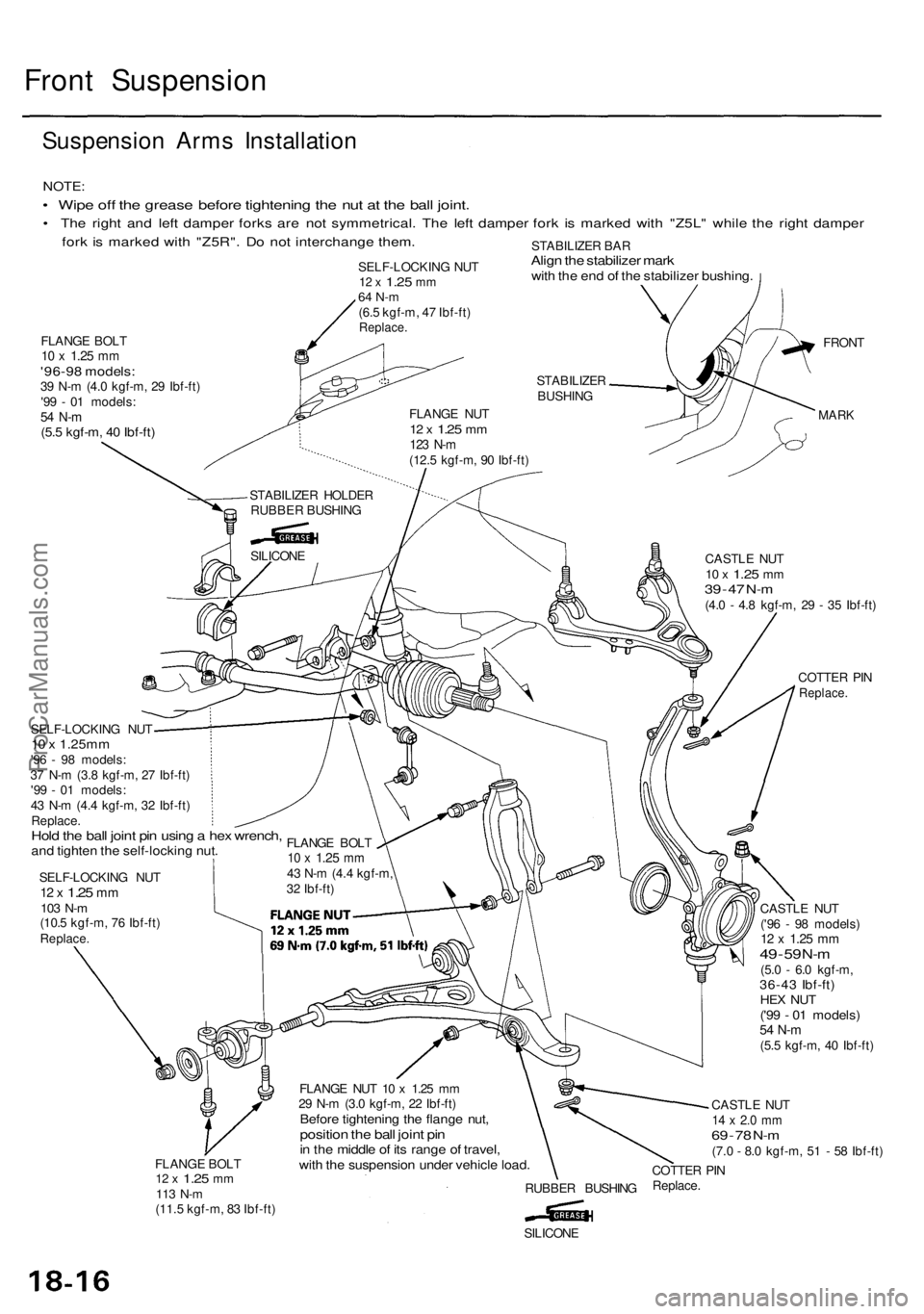 ACURA RL KA9 1996  Service Repair Manual 
Front Suspension

Suspension Arms Installation

NOTE:

• Wipe off the grease before tightening the nut at the ball joint.

• The right and left damper forks are not symmetrical. The left damper f