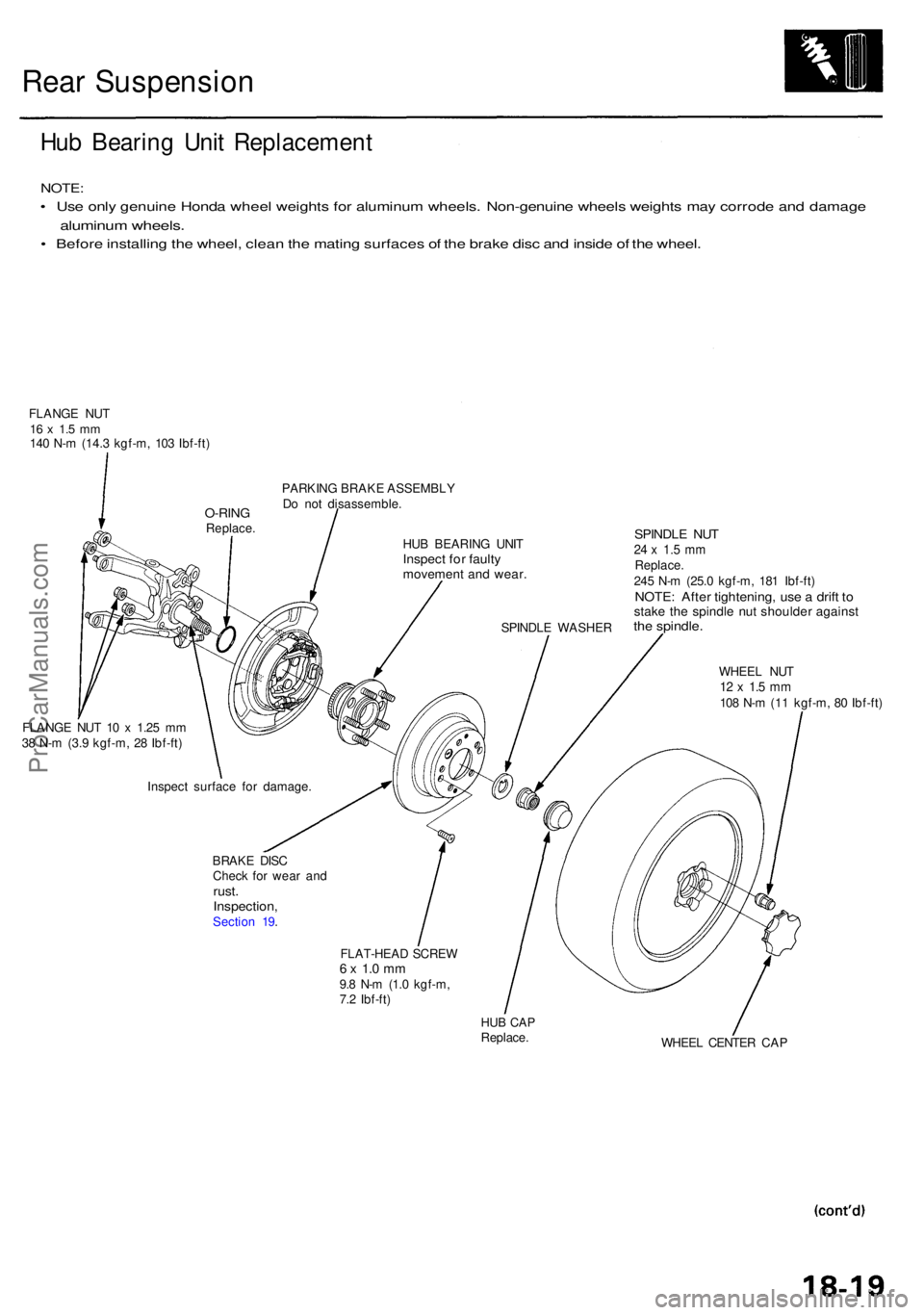 ACURA RL KA9 1996  Service Repair Manual Rear Suspensio n
Hub Bearin g Uni t Replacemen t
NOTE:
• Us e onl y genuin e Hond a whee l weight s fo r aluminu m wheels . Non-genuin e wheel s weight s ma y corrod e an d damag e
aluminum wheels .