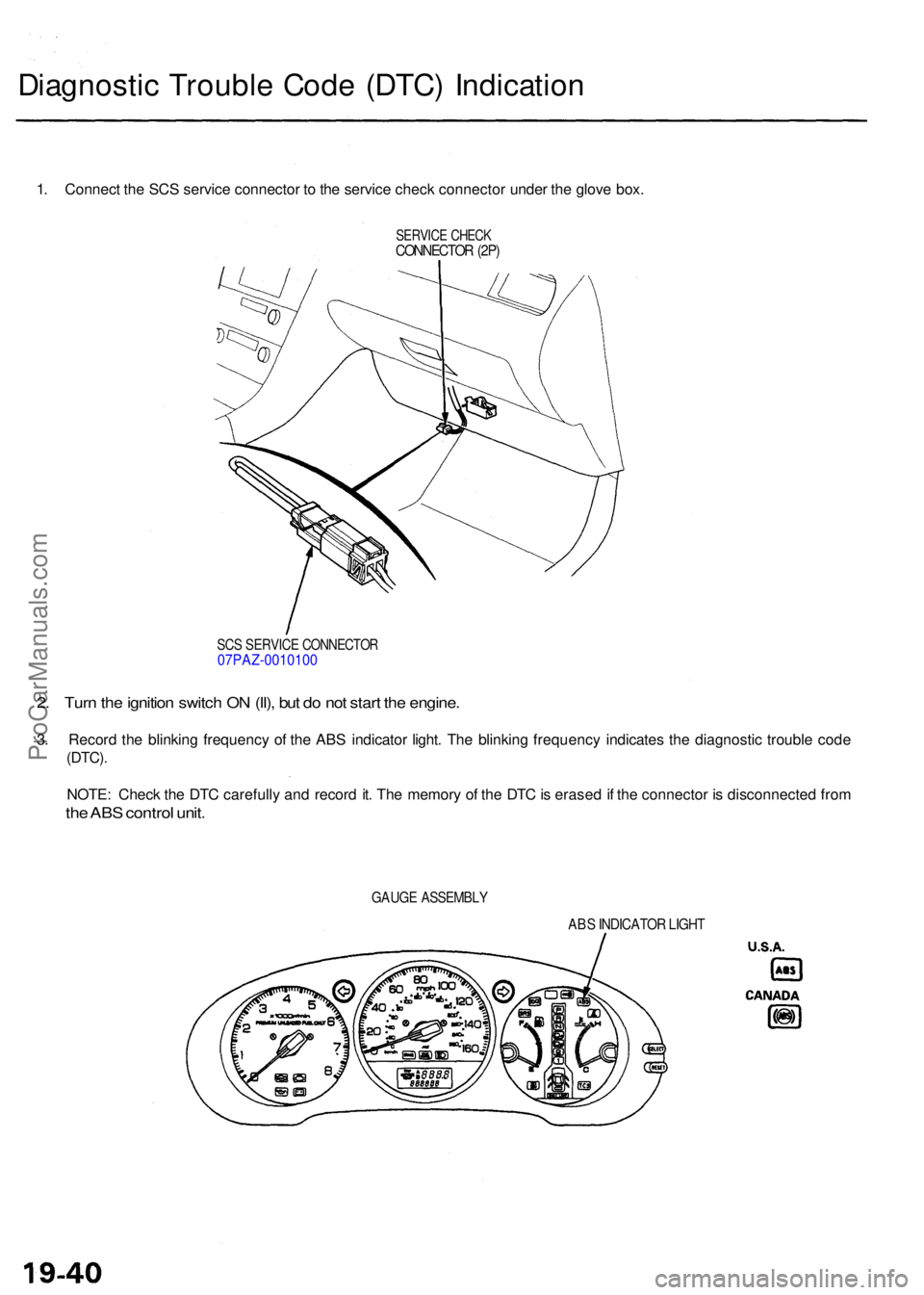 ACURA RL KA9 1996  Service Repair Manual Diagnostic Troubl e Cod e (DTC ) Indicatio n
1. Connec t th e SC S servic e connecto r t o  th e servic e chec k connecto r unde r th e glov e box .
SERVIC E CHEC KCONNECTO R (2P )
SCS SERVIC E CONNEC