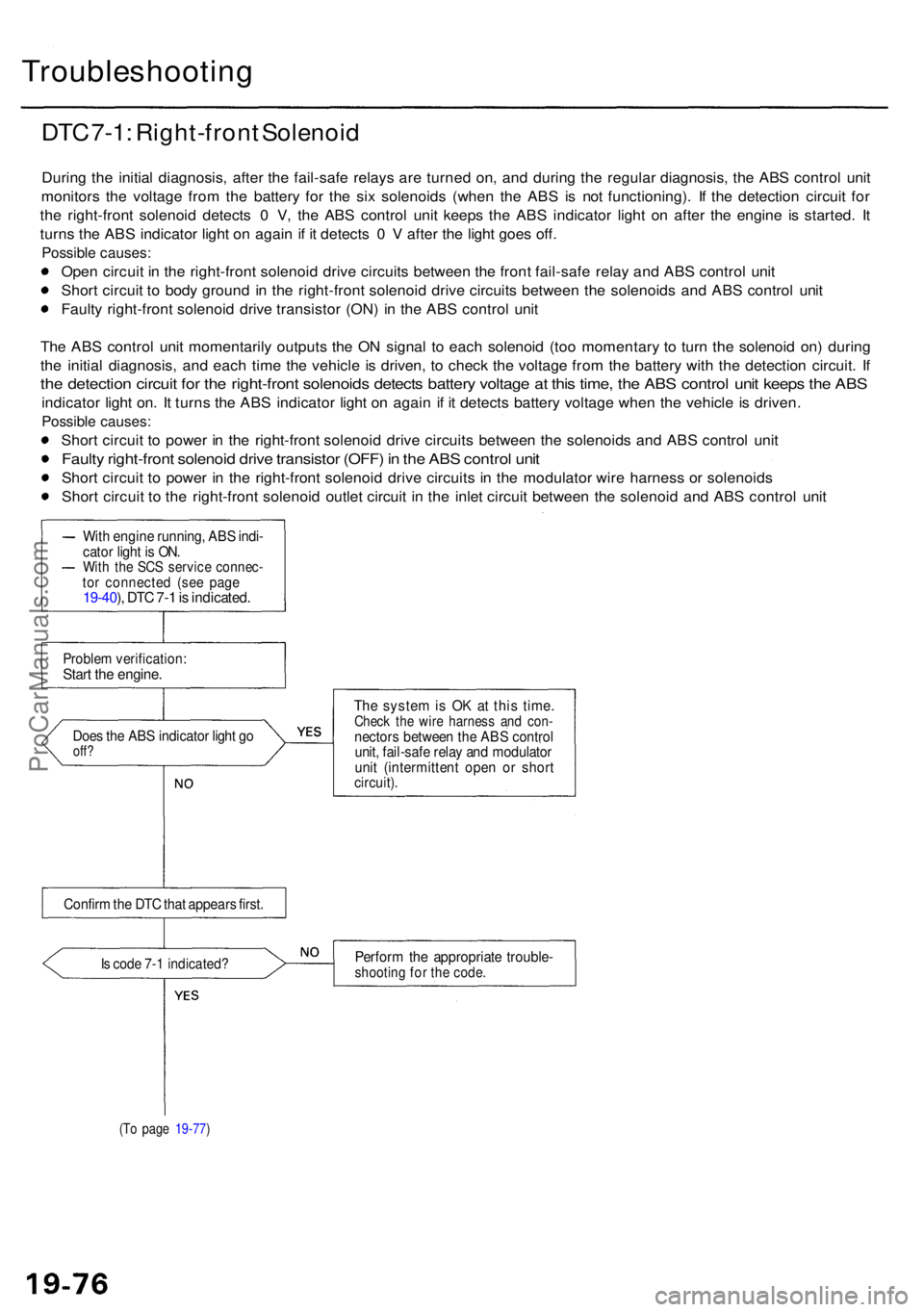 ACURA RL KA9 1996 Service Workshop Manual Troubleshooting
DTC 7-1 : Right-fron t Solenoi d
During th e initia l diagnosis , afte r th e fail-saf e relay s ar e turne d on , an d durin g th e regula r diagnosis , th e AB S contro l uni t
monit ACURA RL KA9 1996 Service Workshop Manual Troubleshooting
DTC 7-1 : Right-fron t Solenoi d
During th e initia l diagnosis , afte r th e fail-saf e relay s ar e turne d on , an d durin g th e regula r diagnosis , th e AB S contro l uni t
monit