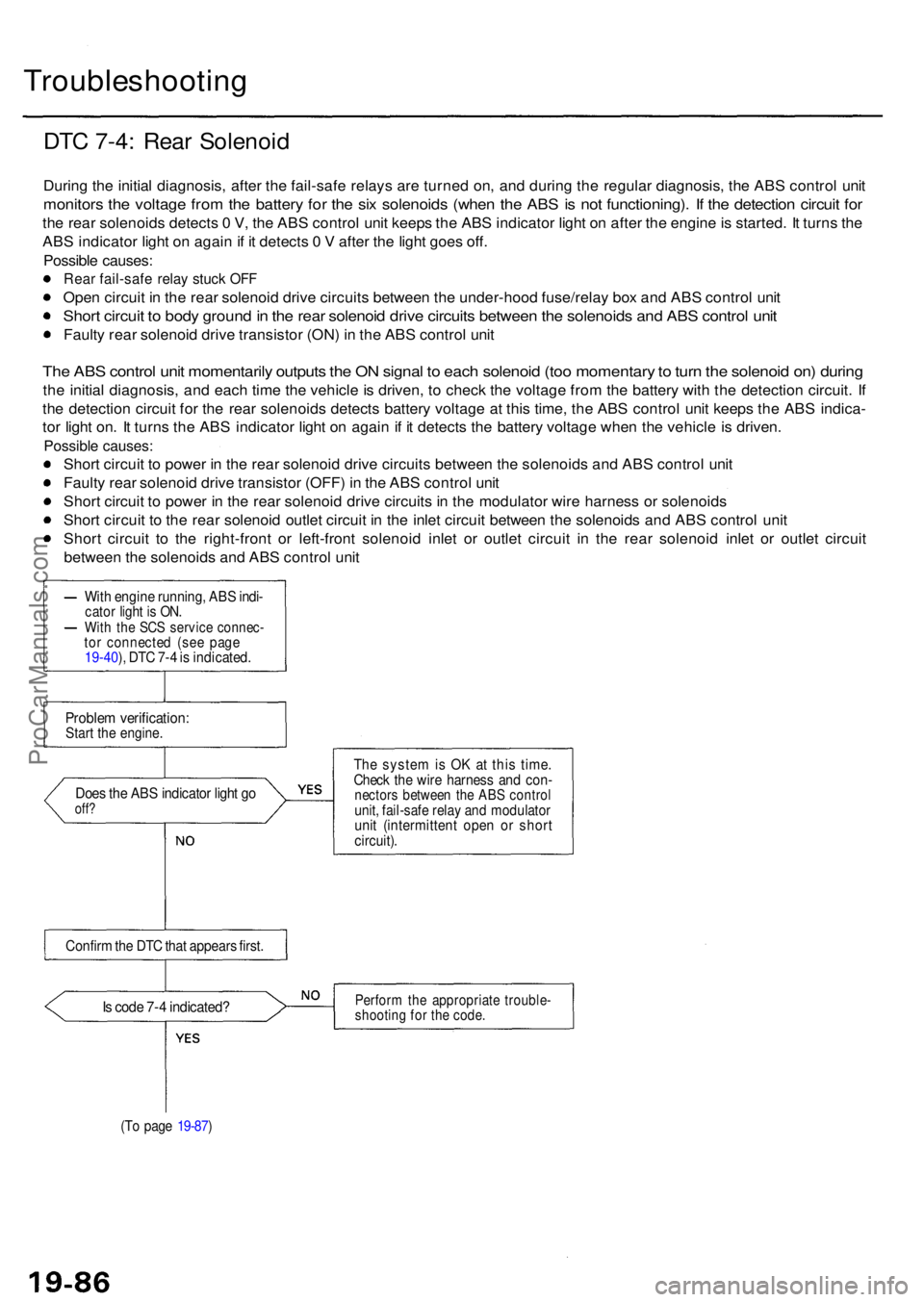 ACURA RL KA9 1996 Service Workshop Manual Troubleshooting
DTC 7-4 : Rea r Solenoi d
During th e initia l diagnosis , afte r th e fail-saf e relay s ar e turne d on , an d durin g th e regula r diagnosis , th e AB S contro l uni t
monitor s th ACURA RL KA9 1996 Service Workshop Manual Troubleshooting
DTC 7-4 : Rea r Solenoi d
During th e initia l diagnosis , afte r th e fail-saf e relay s ar e turne d on , an d durin g th e regula r diagnosis , th e AB S contro l uni t
monitor s th