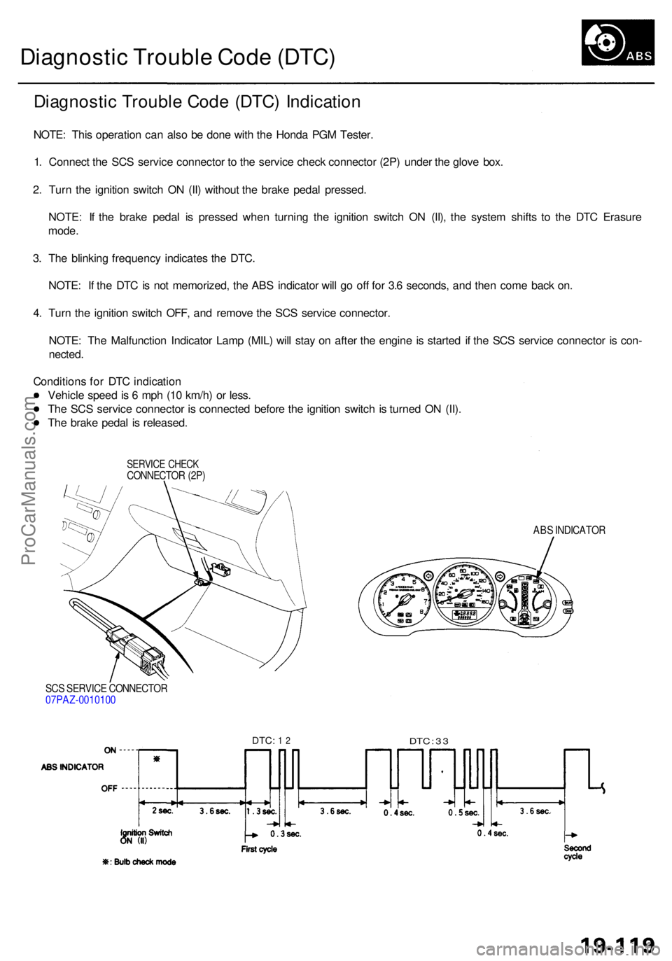 ACURA RL KA9 1996 Service Repair Manual Diagnostic Troubl e Cod e (DTC )
Diagnosti c Troubl e Cod e (DTC ) Indicatio n
NOTE: Thi s operatio n ca n als o b e don e wit h th e Hond a PG M Tester .
1 . Connec t th e SC S servic e connecto r t ACURA RL KA9 1996 Service Repair Manual Diagnostic Troubl e Cod e (DTC )
Diagnosti c Troubl e Cod e (DTC ) Indicatio n
NOTE: Thi s operatio n ca n als o b e don e wit h th e Hond a PG M Tester .
1 . Connec t th e SC S servic e connecto r t