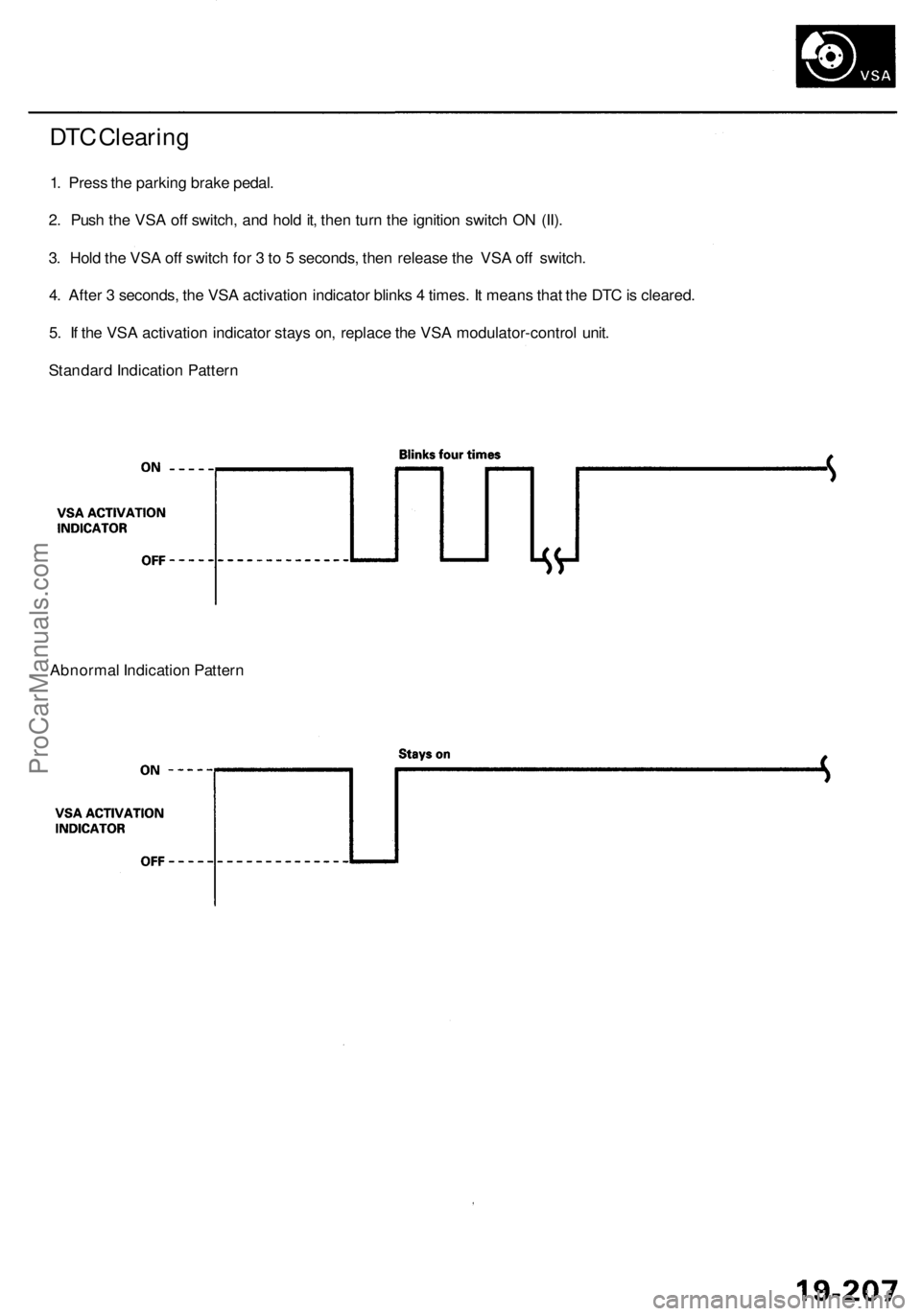 ACURA RL KA9 1996  Service Repair Manual DTC Clearin g
1. Pres s th e parkin g brak e pedal .
2 . Pus h th e VS A of f switch , an d hol d it , the n tur n th e ignitio n switc h O N (II) .
3 . Hol d th e VS A of f switc h fo r 3  to  5  sec