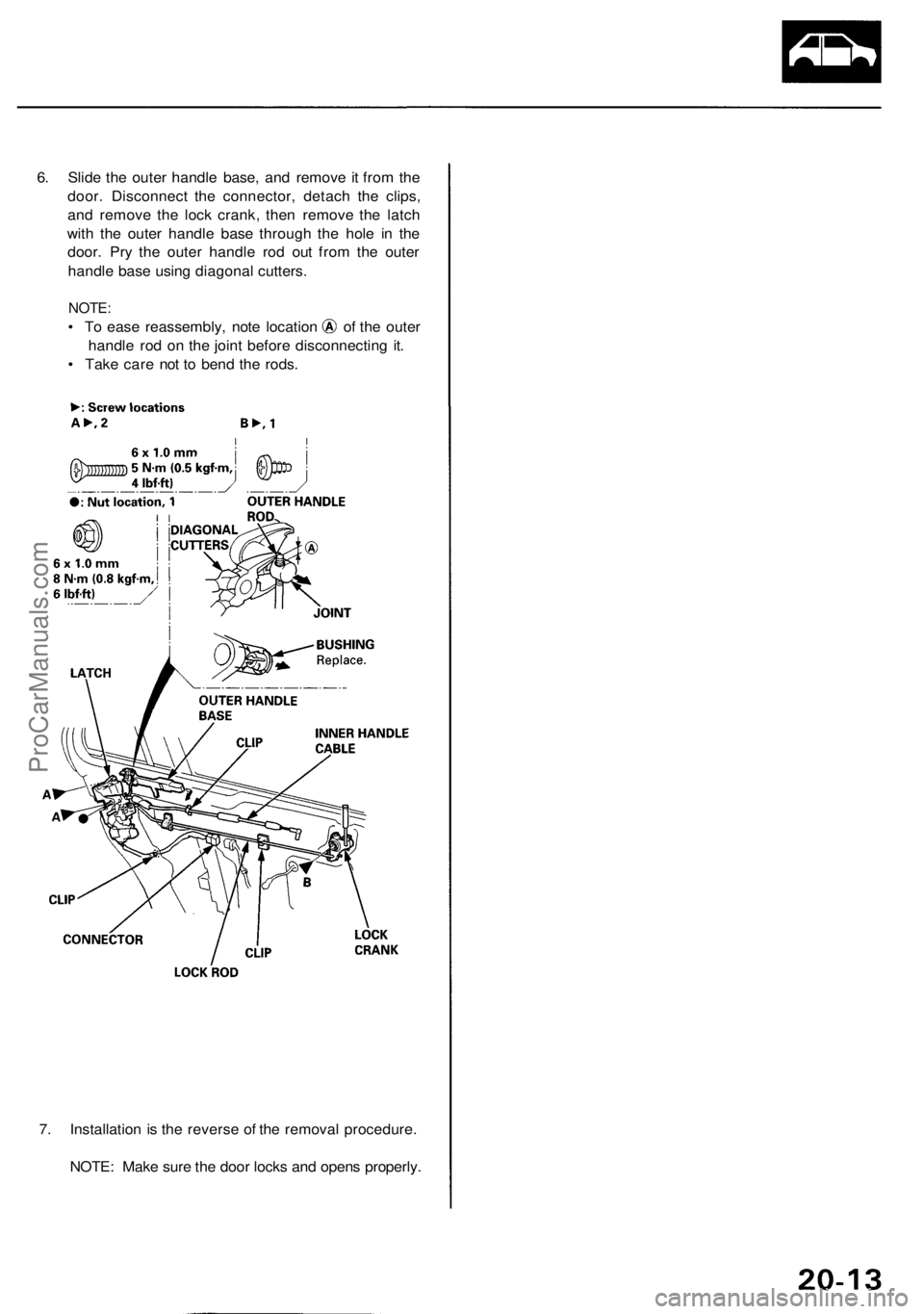 ACURA RL KA9 1996  Service Repair Manual 
6. Slide the outer handle base, and remove it from the

door. Disconnect the connector, detach the clips,

and remove the lock crank, then remove the latch

with the outer handle base through the hol