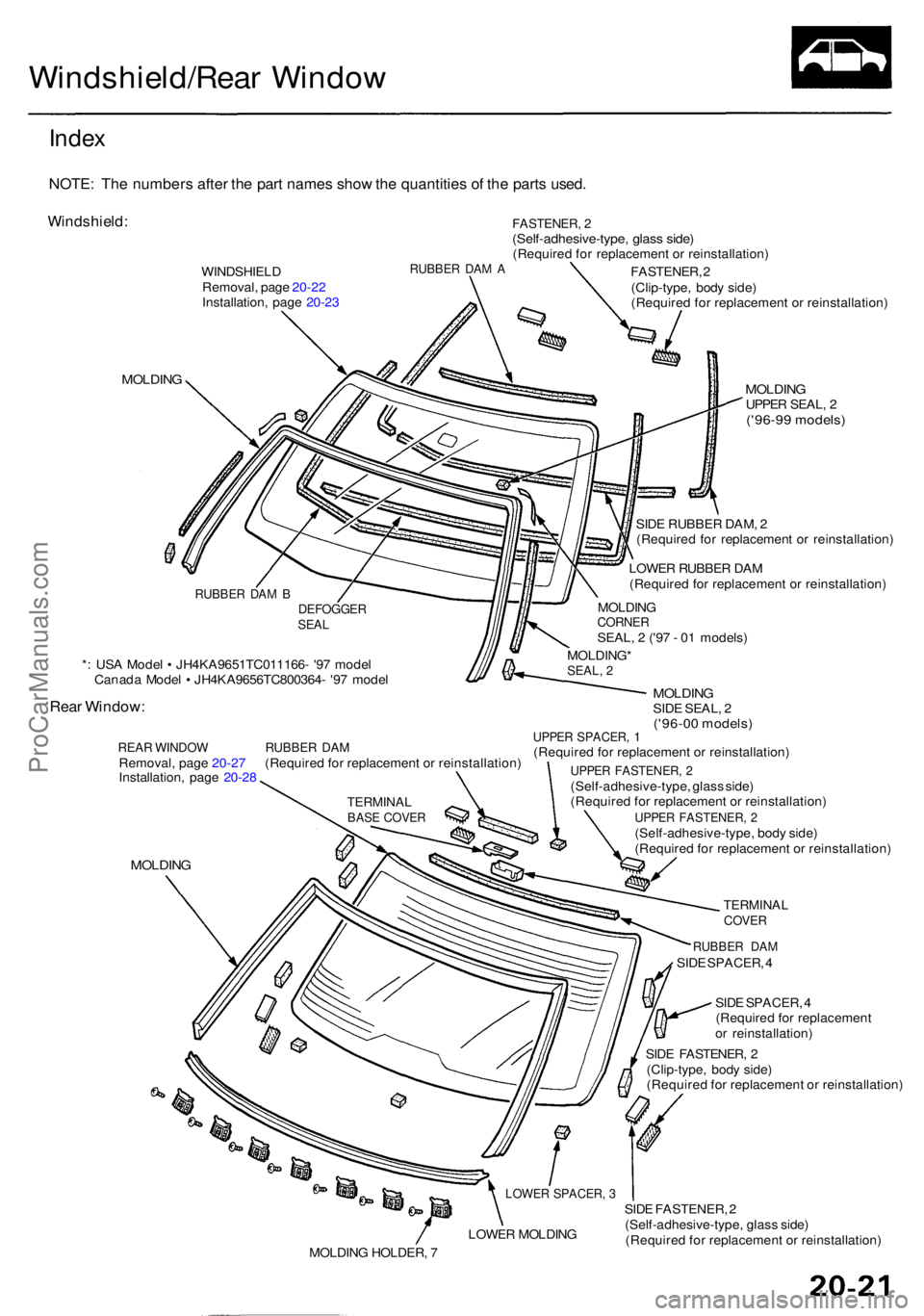 ACURA RL KA9 1996  Service Repair Manual Windshield/Rear Windo w
Index
NOTE : Th e number s afte r th e par t name s sho w th e quantitie s o f th e part s used .
Windshield :
WINDSHIEL D
Removal , pag e 20-2 2
Installation , pag e 20-2 3RUB
