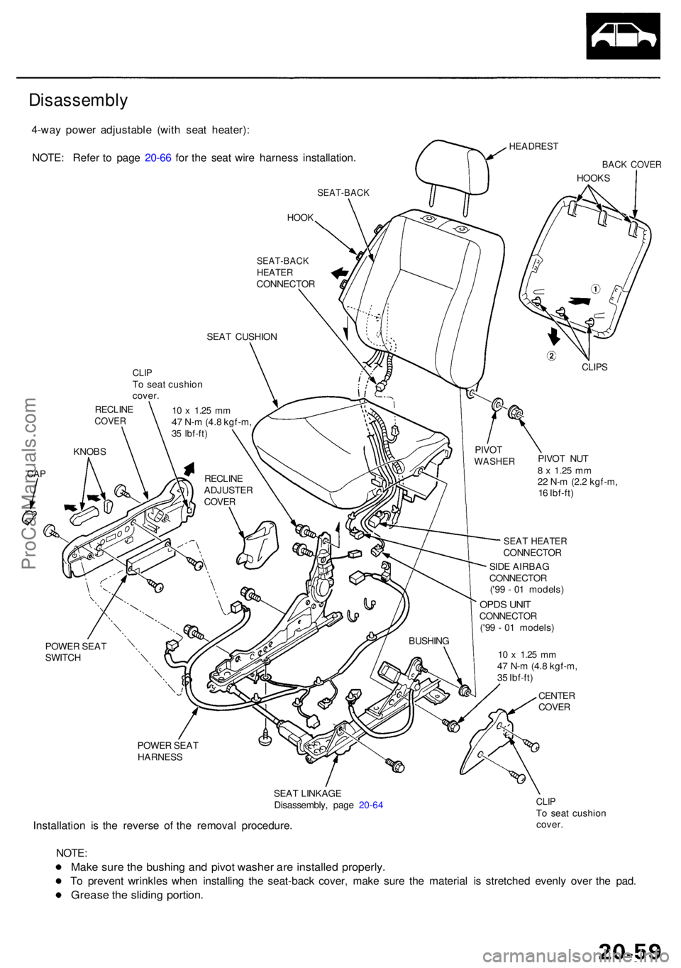 ACURA RL KA9 1996 Service Repair Manual 4-way powe r adjustabl e (wit h sea t heater) :
NOTE : Refe r t o pag e 20-6 6 fo r th e sea t wir e harnes s installation .
HEADREST
BACK COVE R
HOOKS
SEAT-BAC K
HOOK
POWE R SEA T
SWITC H
POWER SEA T ACURA RL KA9 1996 Service Repair Manual 4-way powe r adjustabl e (wit h sea t heater) :
NOTE : Refe r t o pag e 20-6 6 fo r th e sea t wir e harnes s installation .
HEADREST
BACK COVE R
HOOKS
SEAT-BAC K
HOOK
POWE R SEA T
SWITC H
POWER SEA T