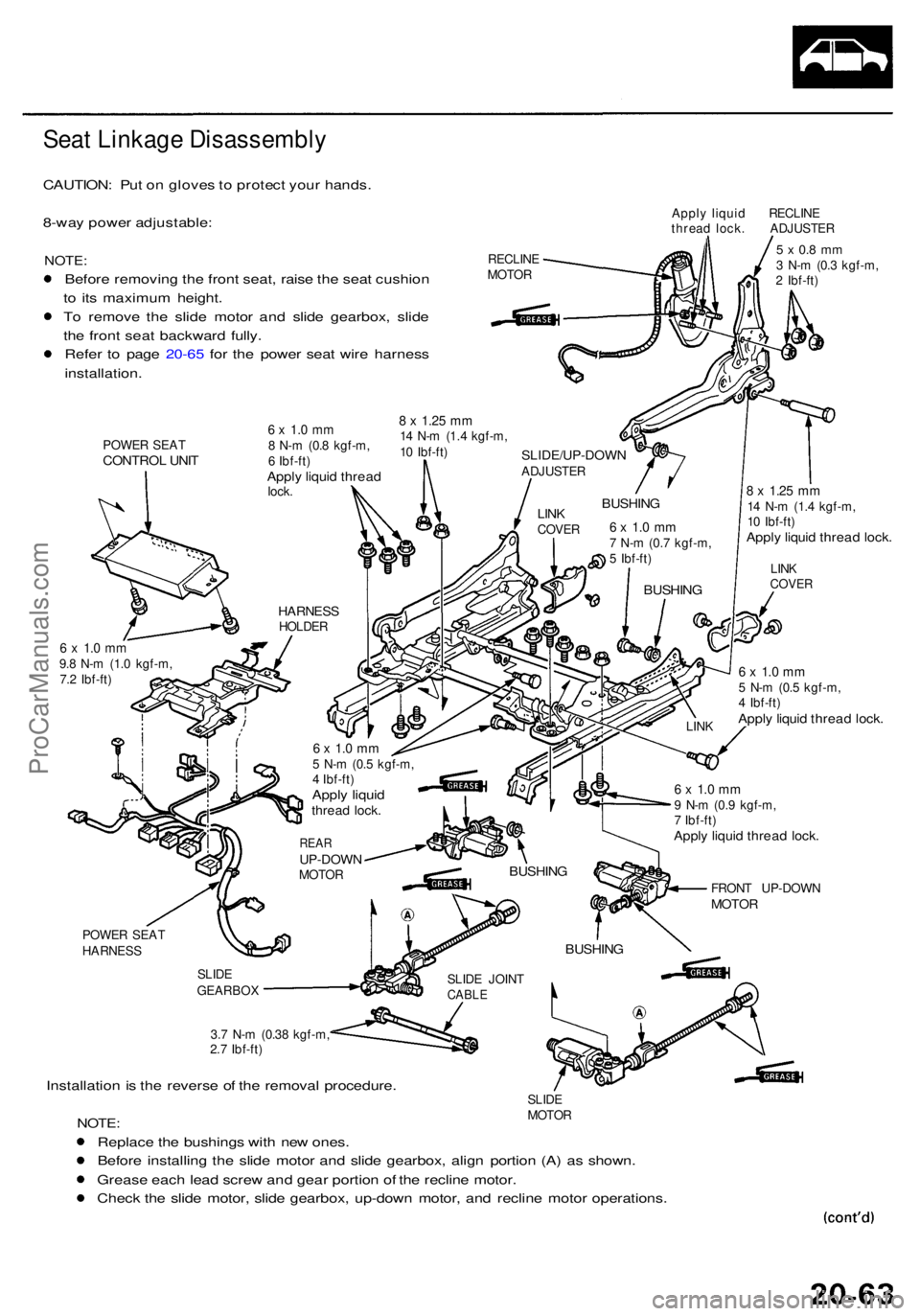 ACURA RL KA9 1996  Service Repair Manual Seat Linkag e Disassembl y
CAUTION: Pu t o n glove s to  protec t you r hands .
8-wa y powe r adjustable :
NOTE:
Before removin g th e fron t seat , rais e th e sea t cushio n
t o  it s maximu m heigh