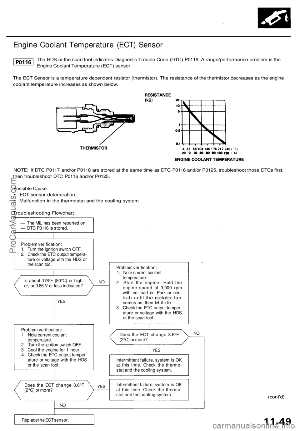 ACURA RL KA9 1996  Service Repair Manual 
Engine Coolant Temperature (ECT) Sensor

The HDS or the scan tool indicates Diagnostic Trouble Code (DTC) P0116: A range/performance problem in the

Engine Coolant Temperature (ECT) sensor.

The ECT 