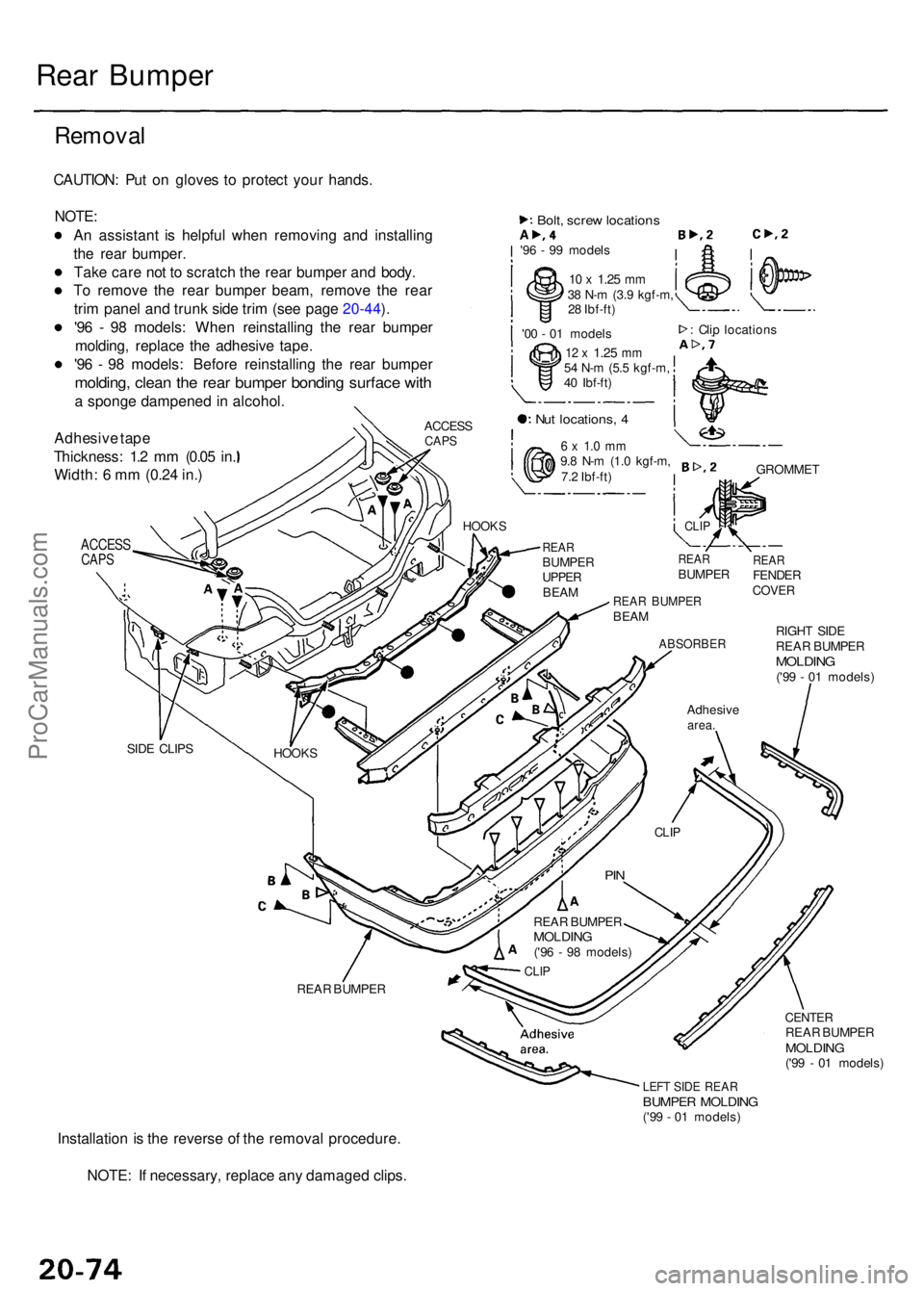 ACURA RL KA9 1996  Service Repair Manual Rear Bumpe r
Remova l
CAUTION : Pu t o n glove s t o  protec t you r hands .
NOTE :
A n assistan t i s helpfu l whe n removin g an d installin g
th e rea r bumper .
Tak e car e no t t o  scratc h th e