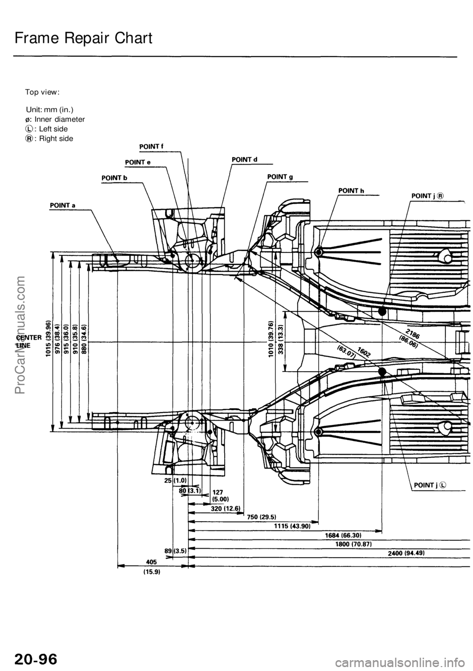 ACURA RL KA9 1996  Service Repair Manual Frame Repai r Char t
Top view :
Unit: m m (in. )
Inne r diamete r
:  Lef t sid e
:  Righ t sid e
ProCarManuals.com 
