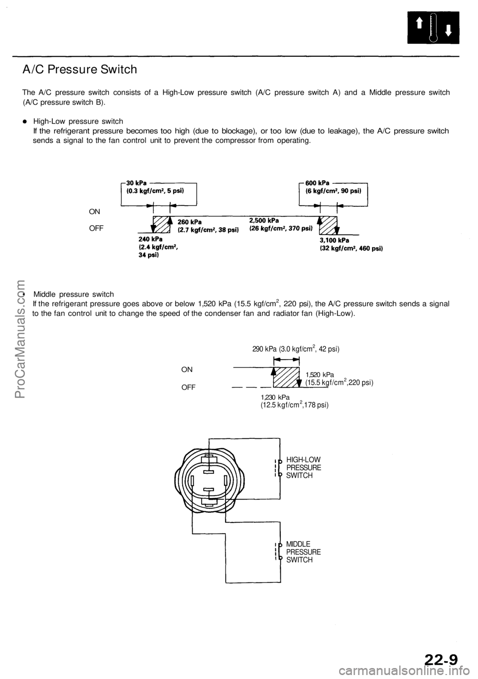 ACURA RL KA9 1996 Service Repair Manual
A/C Pressure Switch
The A/C pressure switch consists of a High-Low pressure switch (A/C pressure switch A) and a Middle pressure switch
(A/C pressure switch B).
High-Low pressure switch
If the re ACURA RL KA9 1996 Service Repair Manual
A/C Pressure Switch
The A/C pressure switch consists of a High-Low pressure switch (A/C pressure switch A) and a Middle pressure switch
(A/C pressure switch B).
High-Low pressure switch
If the re