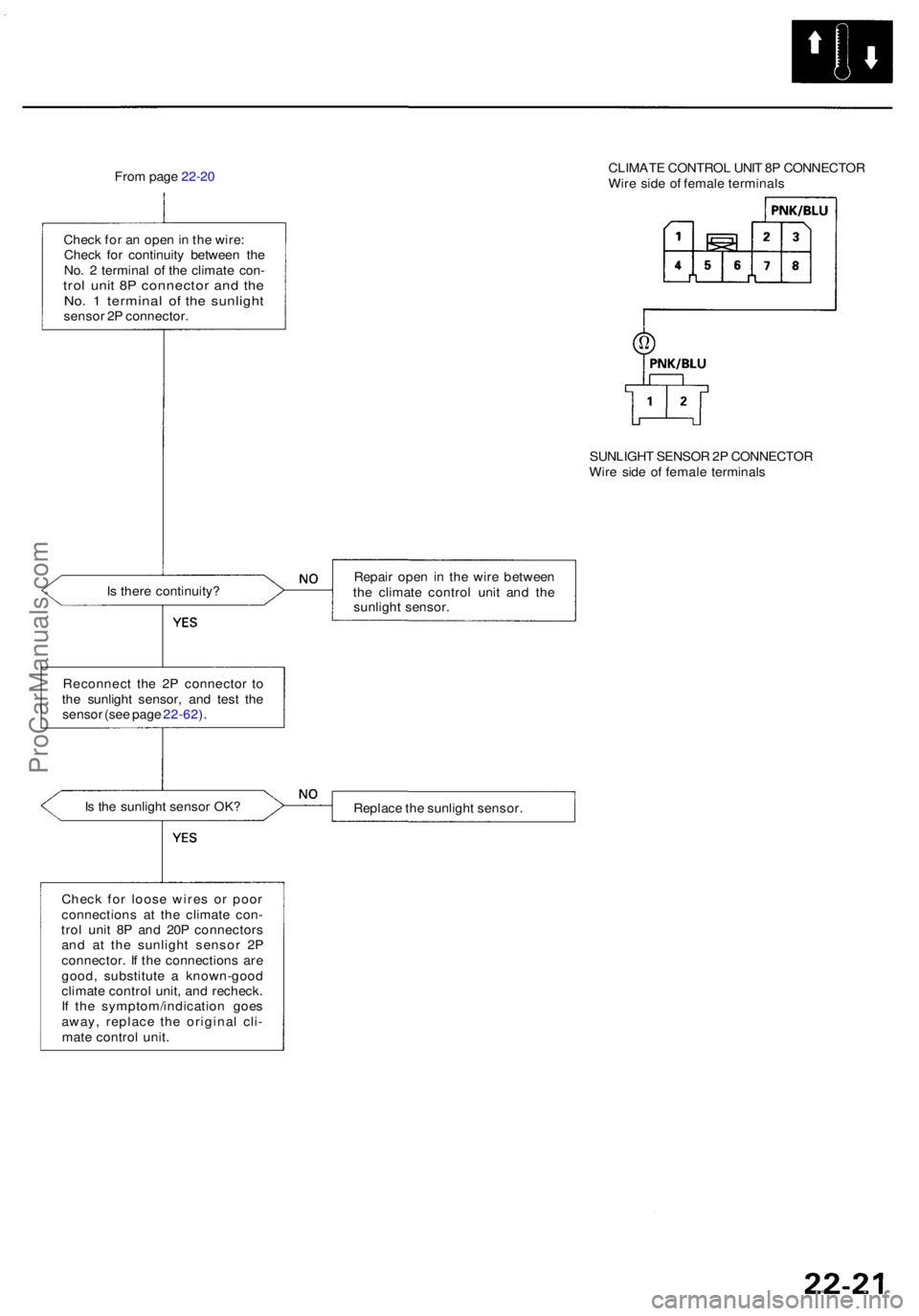 ACURA RL KA9 1996 Service Repair Manual From pag e 22-2 0 CLIMAT
E CONTRO L UNI T 8 P CONNECTO R
Wir e sid e o f femal e terminal s
Chec k fo r a n ope n in th e wire :
Chec k fo r continuit y betwee n th e
No . 2 termina l o f th e clim ACURA RL KA9 1996 Service Repair Manual From pag e 22-2 0 CLIMAT
E CONTRO L UNI T 8 P CONNECTO R
Wir e sid e o f femal e terminal s
Chec k fo r a n ope n in th e wire :
Chec k fo r continuit y betwee n th e
No . 2 termina l o f th e clim