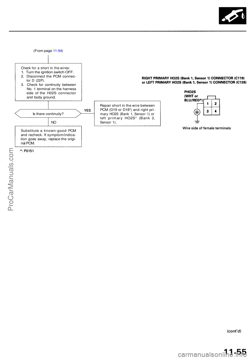ACURA RL KA9 1996 Service Repair Manual (From pag e 11-54 )
Check fo r a shor t i n th e wires :1. Tur n th e ignitio n switc h OFF .2. Disconnec t th e PC M connec -tor D (22P) .3. Chec k fo r continuit y betwee n
No . 1 termina l o n ACURA RL KA9 1996 Service Repair Manual (From pag e 11-54 )
Check fo r a shor t i n th e wires :1. Tur n th e ignitio n switc h OFF .2. Disconnec t th e PC M connec -tor D (22P) .3. Chec k fo r continuit y betwee n
No . 1 termina l o n