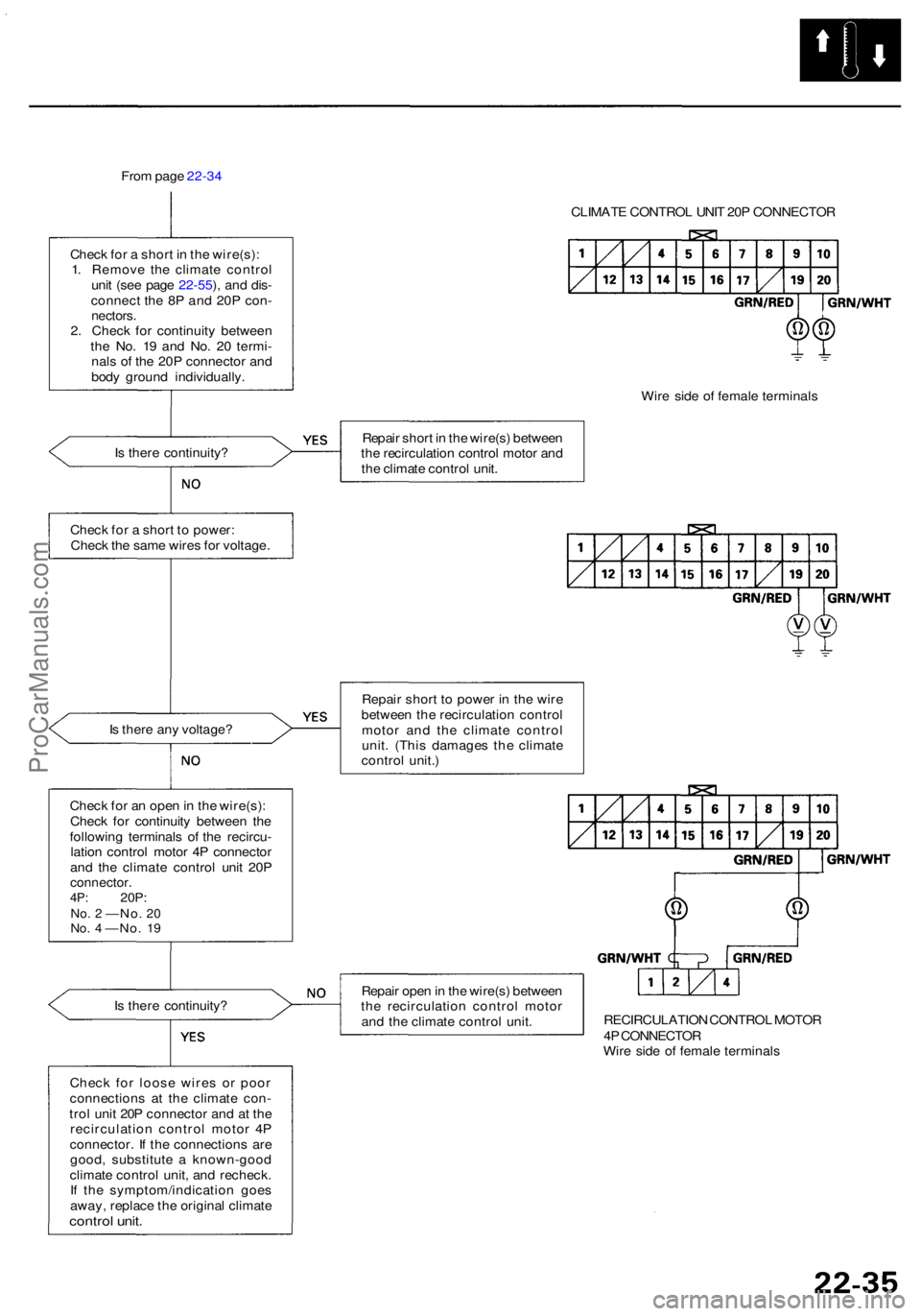 ACURA RL KA9 1996 Service Repair Manual From pag e 22-3 4
Chec k fo r a shor t i n th e wire(s) :
1 . Remov e th e climat e contro l
uni t (se e pag e 22-55 ), an d dis -
connec t th e 8 P an d 20 P con -
nectors .2. Chec k fo r continuit ACURA RL KA9 1996 Service Repair Manual From pag e 22-3 4
Chec k fo r a shor t i n th e wire(s) :
1 . Remov e th e climat e contro l
uni t (se e pag e 22-55 ), an d dis -
connec t th e 8 P an d 20 P con -
nectors .2. Chec k fo r continuit
