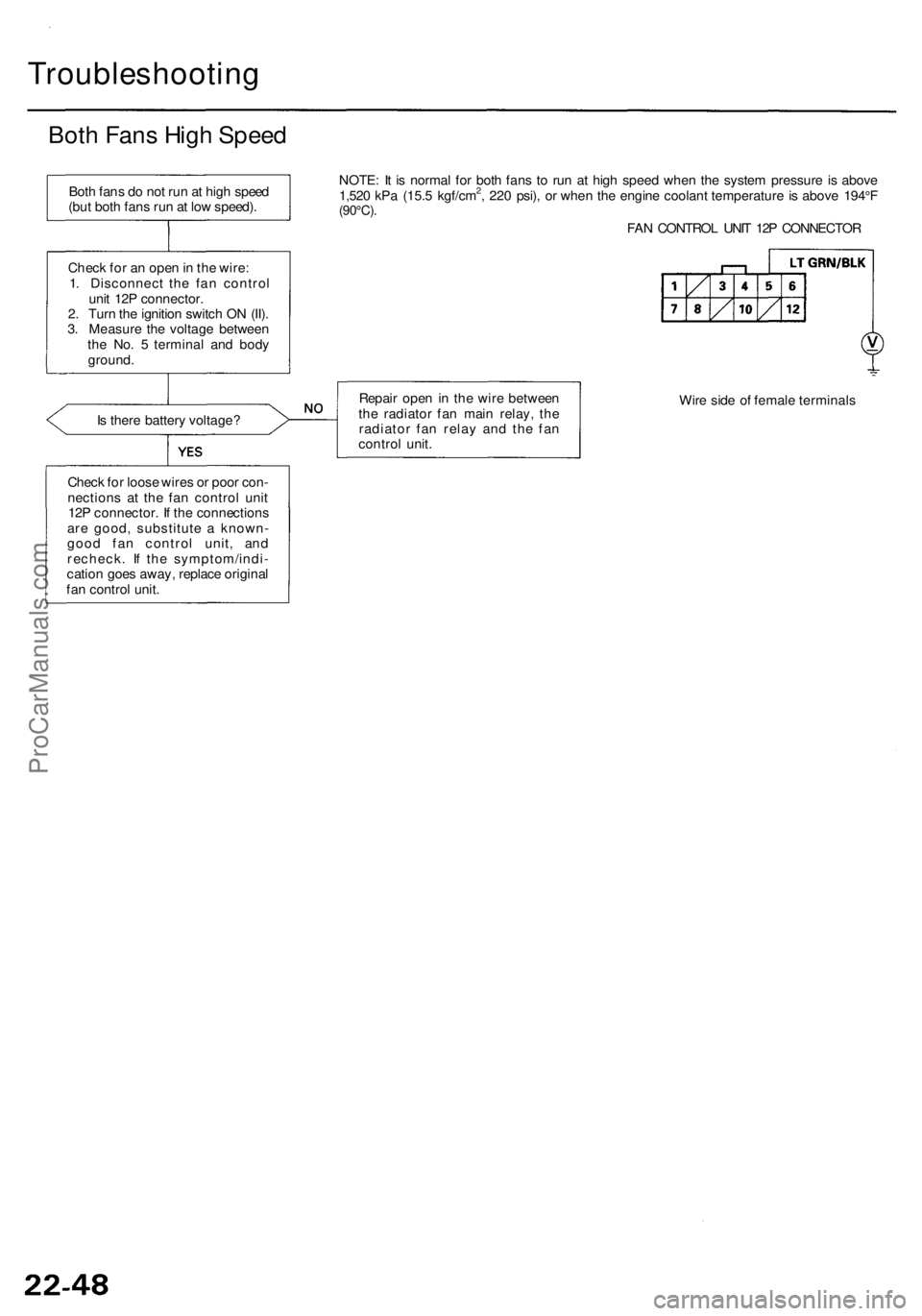 ACURA RL KA9 1996 Service Owners Manual Troubleshooting
Both Fan s Hig h Spee d
Is ther e batter y voltage ?
Chec k fo r loos e wire s o r poo r con -
nection s a t th e fa n contro l uni t
12 P connector . I f th e connection s
ar e good ACURA RL KA9 1996 Service Owners Manual Troubleshooting
Both Fan s Hig h Spee d
Is ther e batter y voltage ?
Chec k fo r loos e wire s o r poo r con -
nection s a t th e fa n contro l uni t
12 P connector . I f th e connection s
ar e good