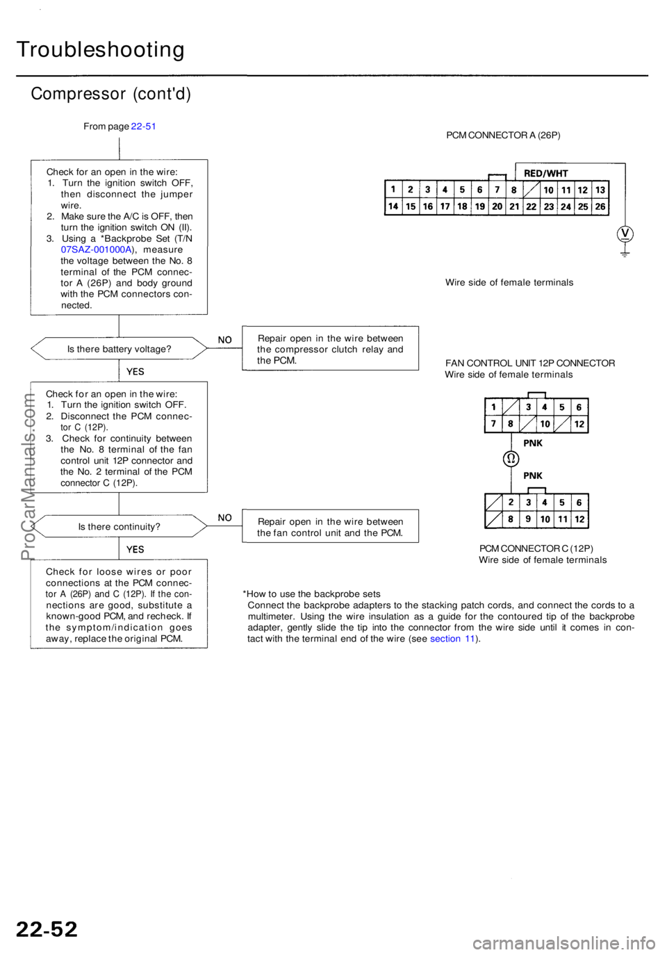ACURA RL KA9 1996 Service Repair Manual Troubleshooting
Compressor (cont'd )
From pag e 22-5 1
Chec k fo r a n ope n in th e wire :
1 . Tur n th e ignitio n switc h OFF ,
the n disconnec t th e jumpe r
wire .
2 . Mak e sur e th e A/ C ACURA RL KA9 1996 Service Repair Manual Troubleshooting
Compressor (cont'd )
From pag e 22-5 1
Chec k fo r a n ope n in th e wire :
1 . Tur n th e ignitio n switc h OFF ,
the n disconnec t th e jumpe r
wire .
2 . Mak e sur e th e A/ C