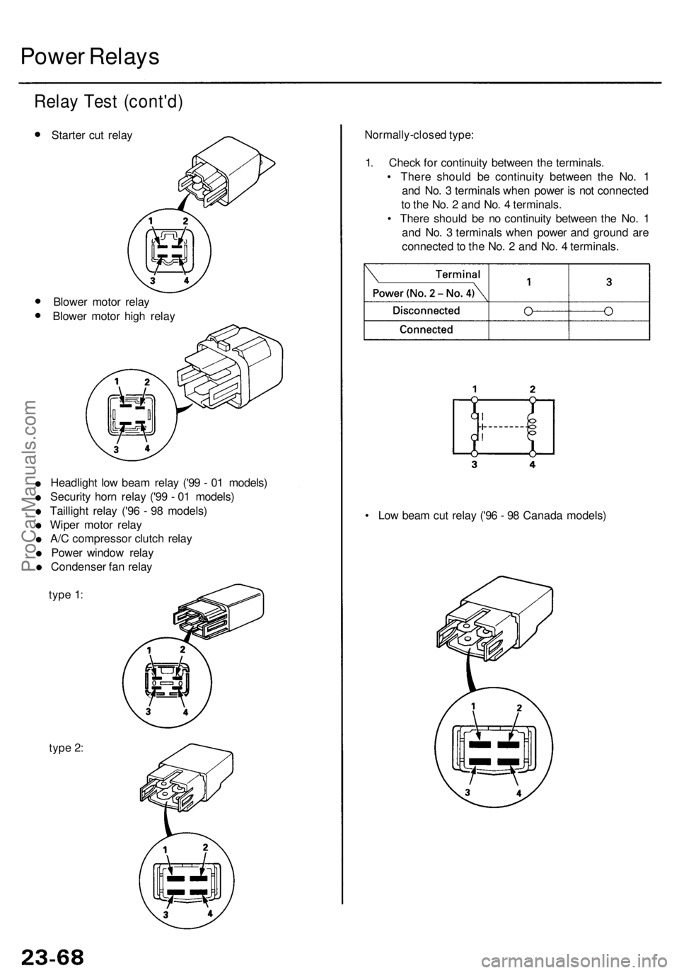 ACURA RL KA9 1996 Service Repair Manual Power Relay s
Relay Tes t (cont'd )
• Starte r cu t rela y
• Blowe r moto r rela y
• Blowe r moto r hig h rela y
Headligh t lo w bea m rela y ('9 9 - 0 1 models )
Securit y hor n rela y ACURA RL KA9 1996 Service Repair Manual Power Relay s
Relay Tes t (cont'd )
• Starte r cu t rela y
• Blowe r moto r rela y
• Blowe r moto r hig h rela y
Headligh t lo w bea m rela y ('9 9 - 0 1 models )
Securit y hor n rela y