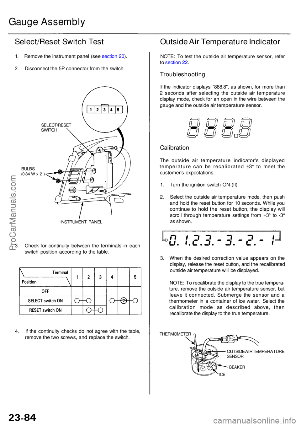 ACURA RL KA9 1996  Service Repair Manual Gauge Assembl y
Select/Rese t Switc h Tes t
1. Remov e th e instrumen t pane l (se e sectio n 20 ).
2 . Disconnec t th e 5 P connecto r fro m th e switch .
SELECT/RESE TSWITCH
BULBS(0.84 W x 2 )
INSTR