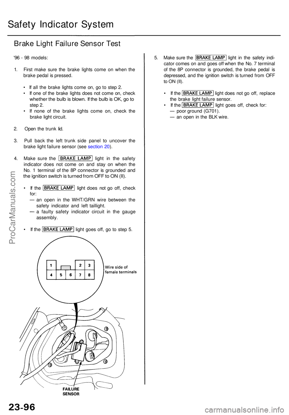 ACURA RL KA9 1996  Service Repair Manual Safety Indicato r Syste m
Brake Ligh t Failur e Senso r Tes t
'96 -  9 8 models :
1 . Firs t mak e sur e th e brak e light s com e o n whe n th e
brak e peda l i s  pressed .
•  I f al l th e br