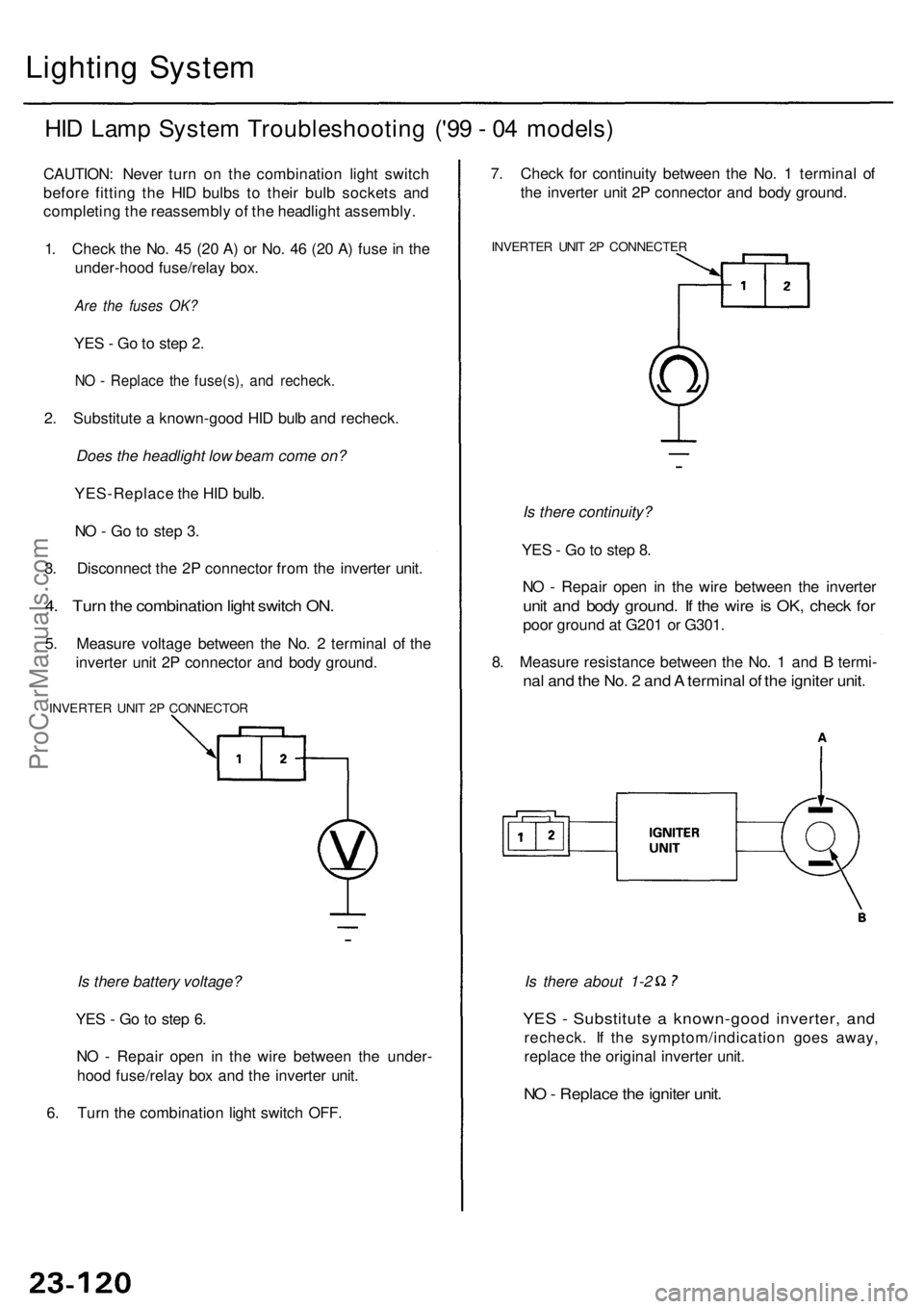 ACURA RL KA9 1996 Service Owners Manual Lighting Syste m
HID Lam p Syste m Troubleshootin g ('9 9 - 0 4 models )
CAUTION : Neve r tur n o n th e combinatio n ligh t switc h
befor e fittin g th e HI D bulb s t o thei r bul b socket s an ACURA RL KA9 1996 Service Owners Manual Lighting Syste m
HID Lam p Syste m Troubleshootin g ('9 9 - 0 4 models )
CAUTION : Neve r tur n o n th e combinatio n ligh t switc h
befor e fittin g th e HI D bulb s t o thei r bul b socket s an